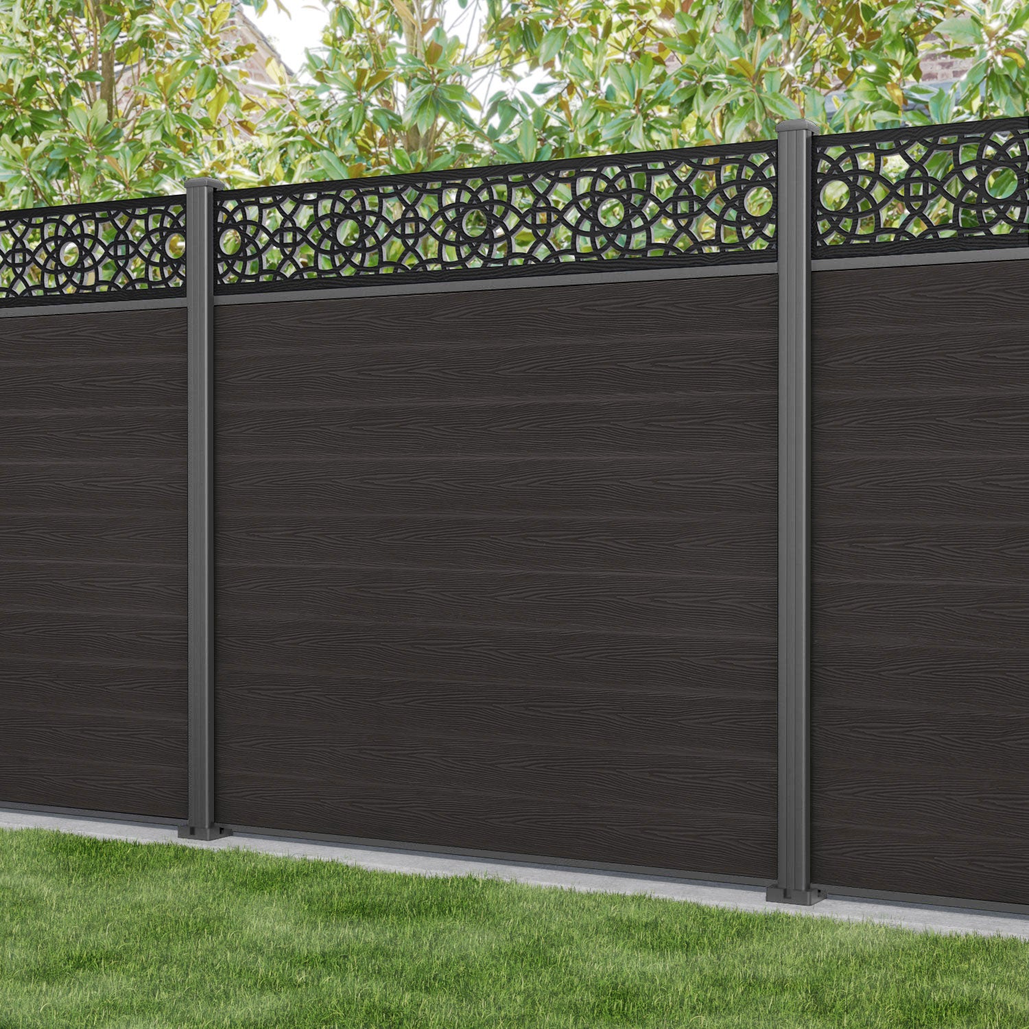Classic Ambar Fence Panel - Dark Oak - with our aluminium posts