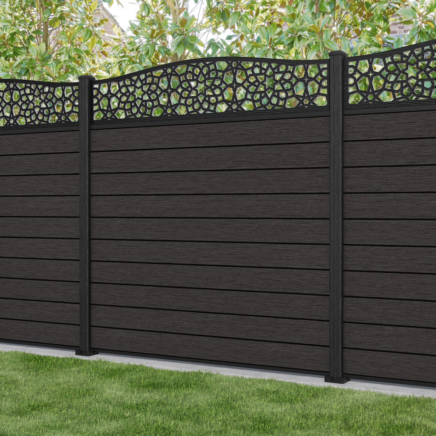 Fusion Nazira Curved Top Fence Panel - Dark Oak - with our composite posts