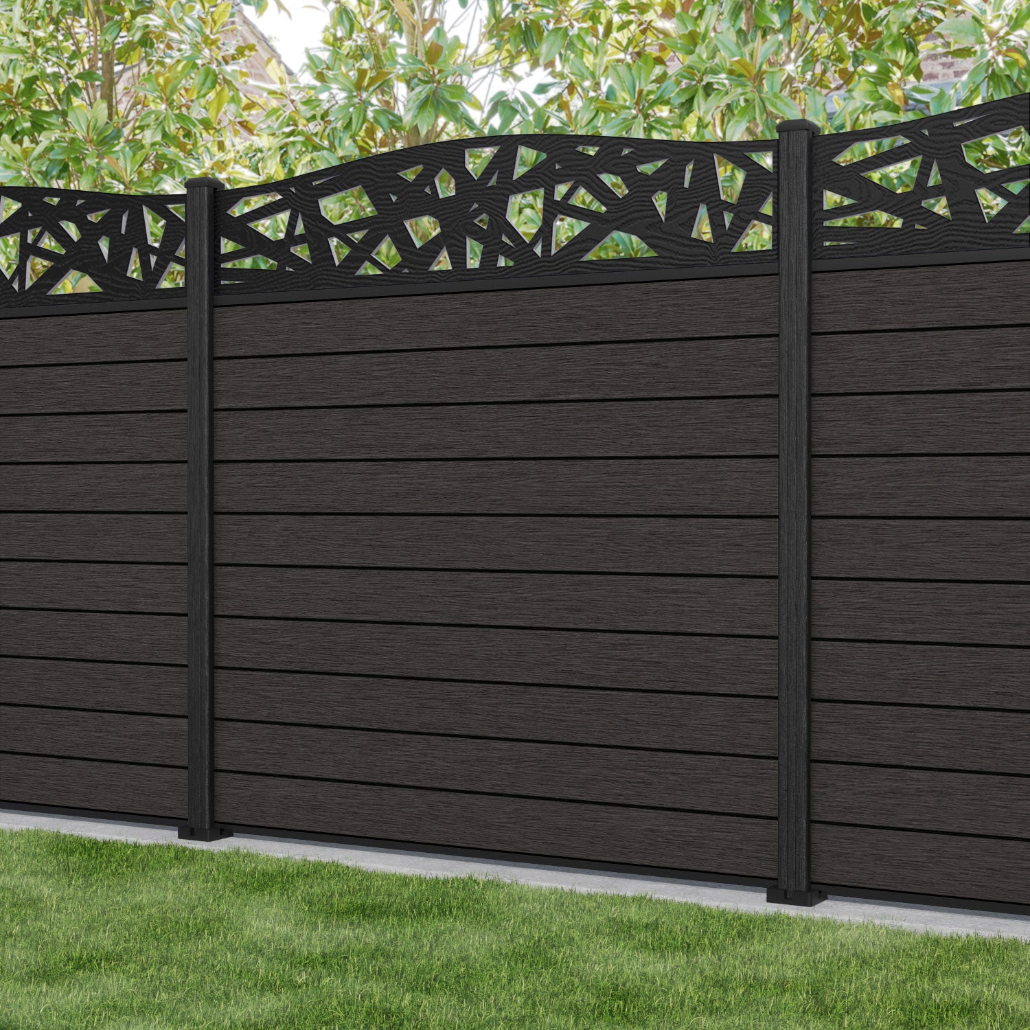 Fusion Prism Curved Top Fence Panel - Dark Oak - with our composite posts