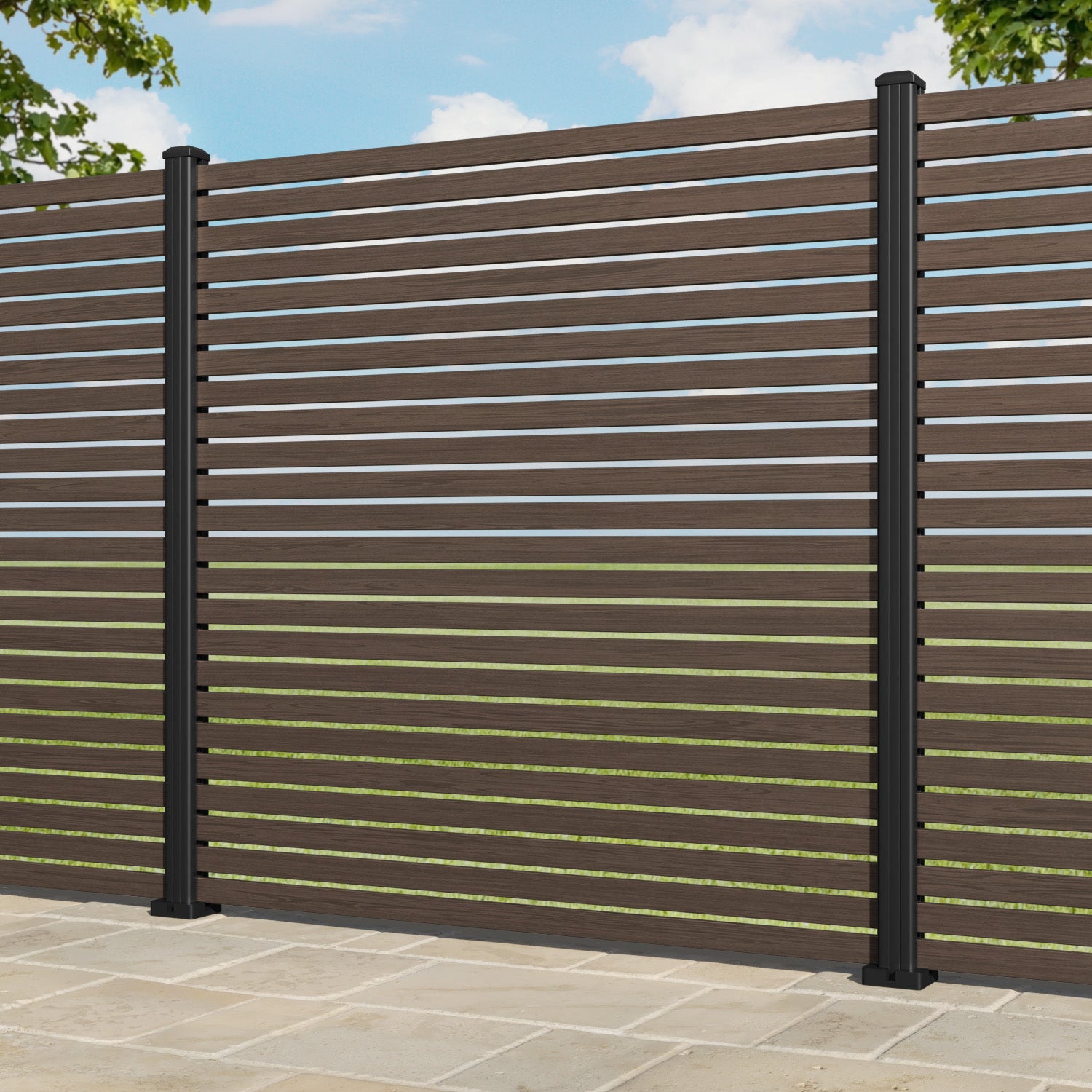 Aria Aluminium Fence Panel - Dark Oak - with our aluminium posts