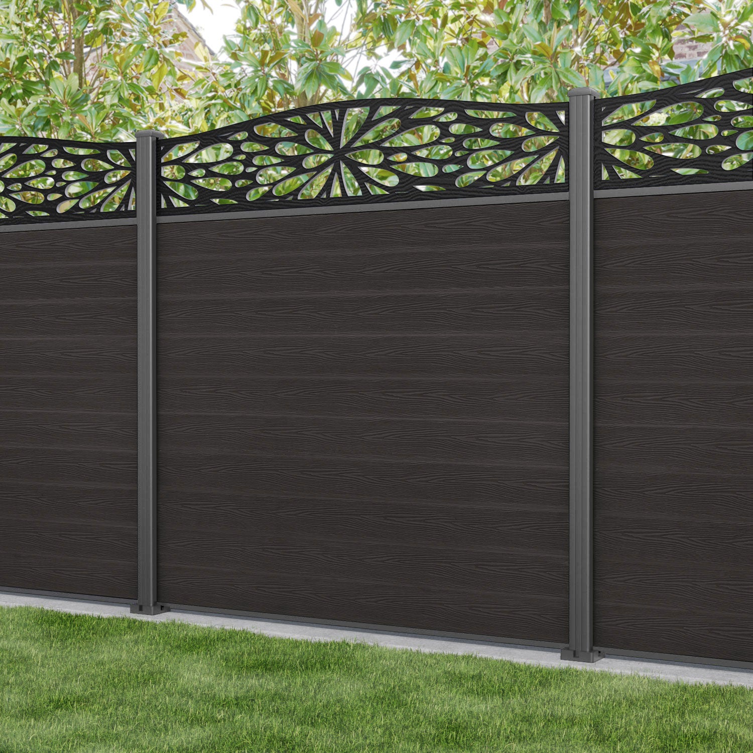 Classic Blossom Curved Top Fence Panel - Dark Oak - with our aluminium posts