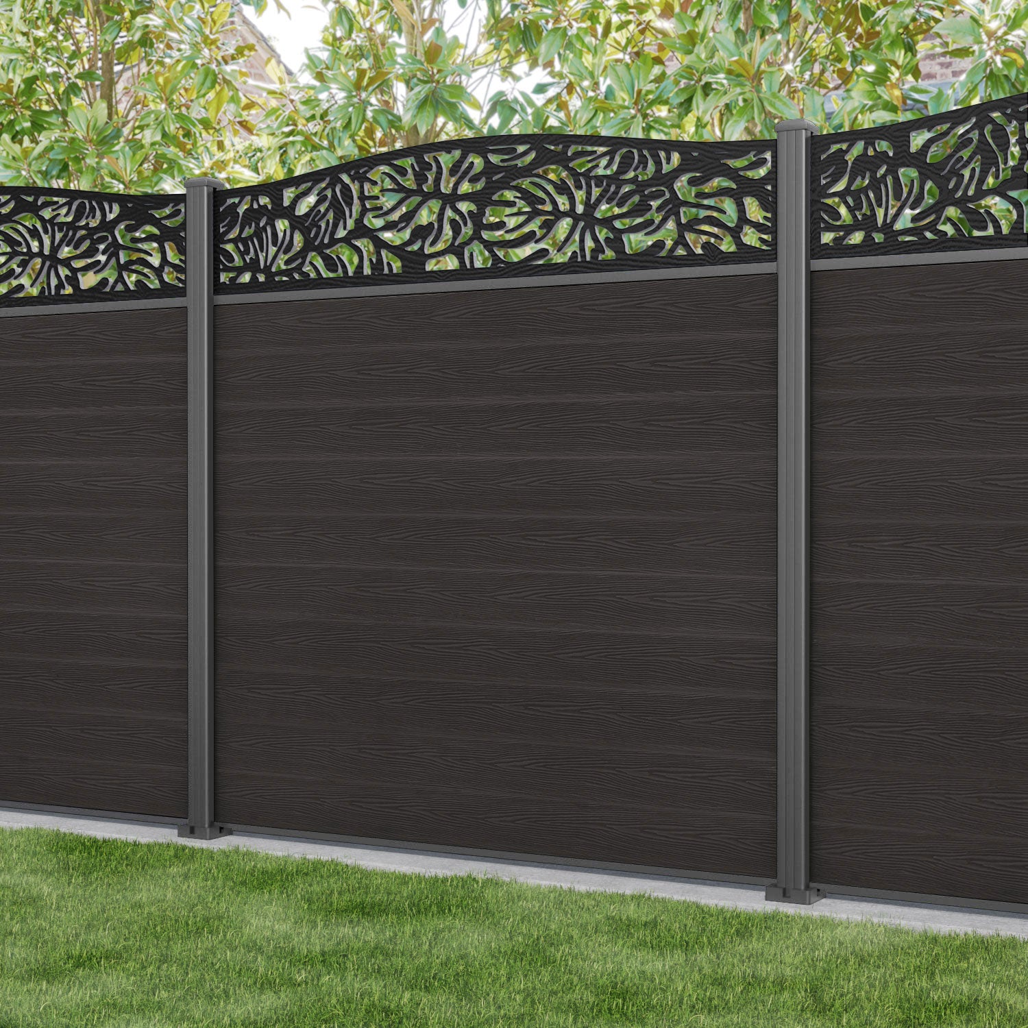 Classic Botanic Curved Top Fence Panel - Dark Oak - with our aluminium posts