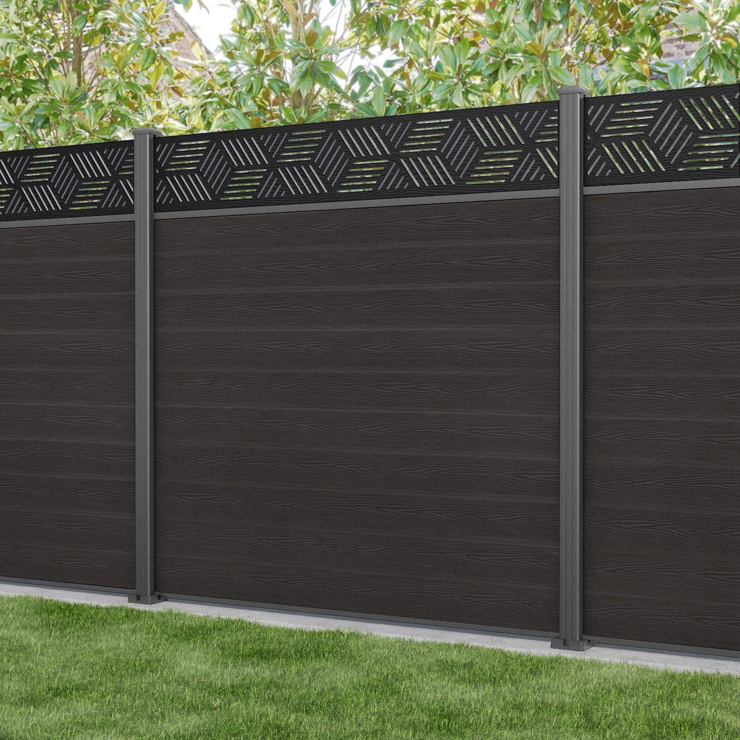 Classic Cubed Fence Panel - Dark Oak - with our aluminium posts