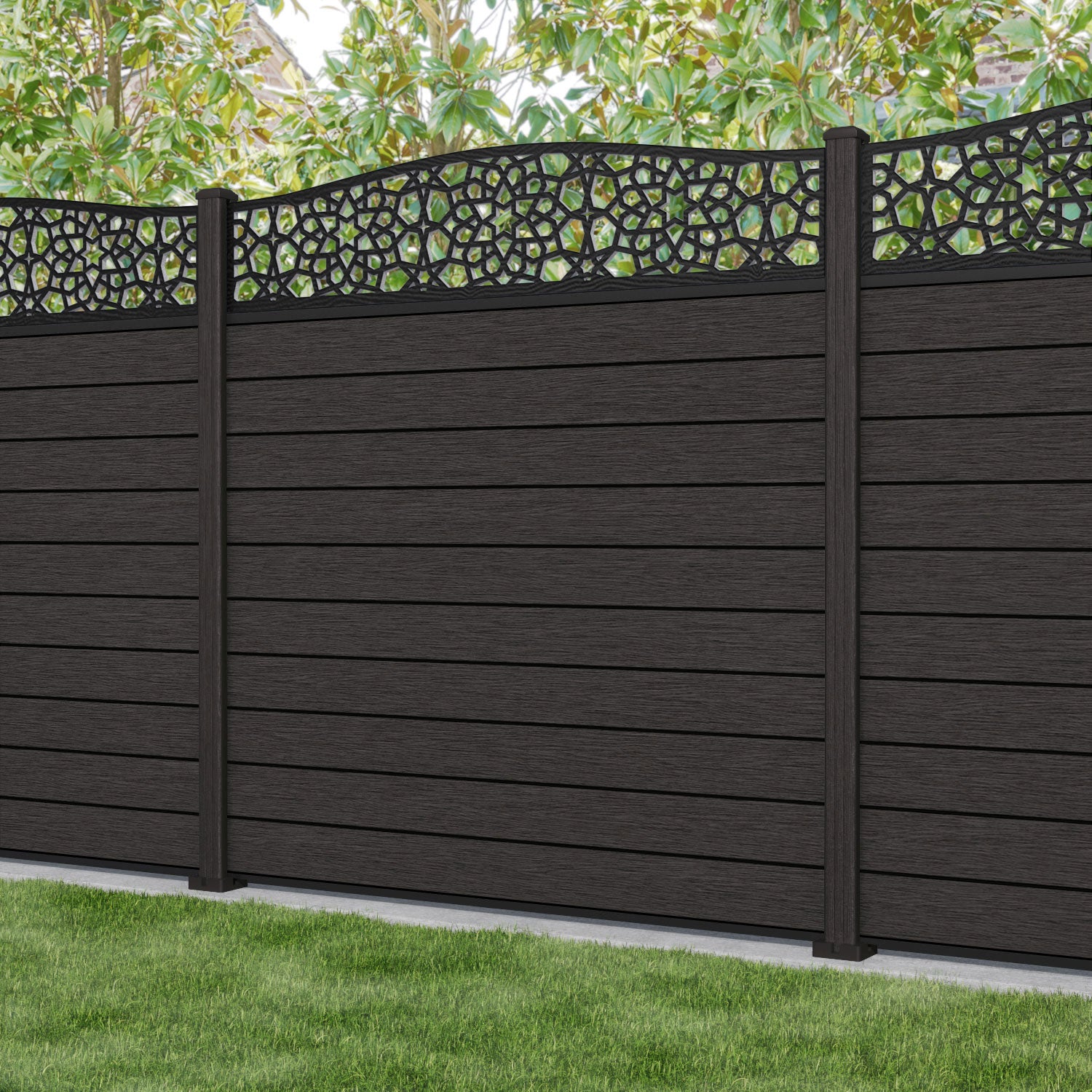 Fusion Nazira Curved Top Fence Panel - Dark Oak - with our composite posts