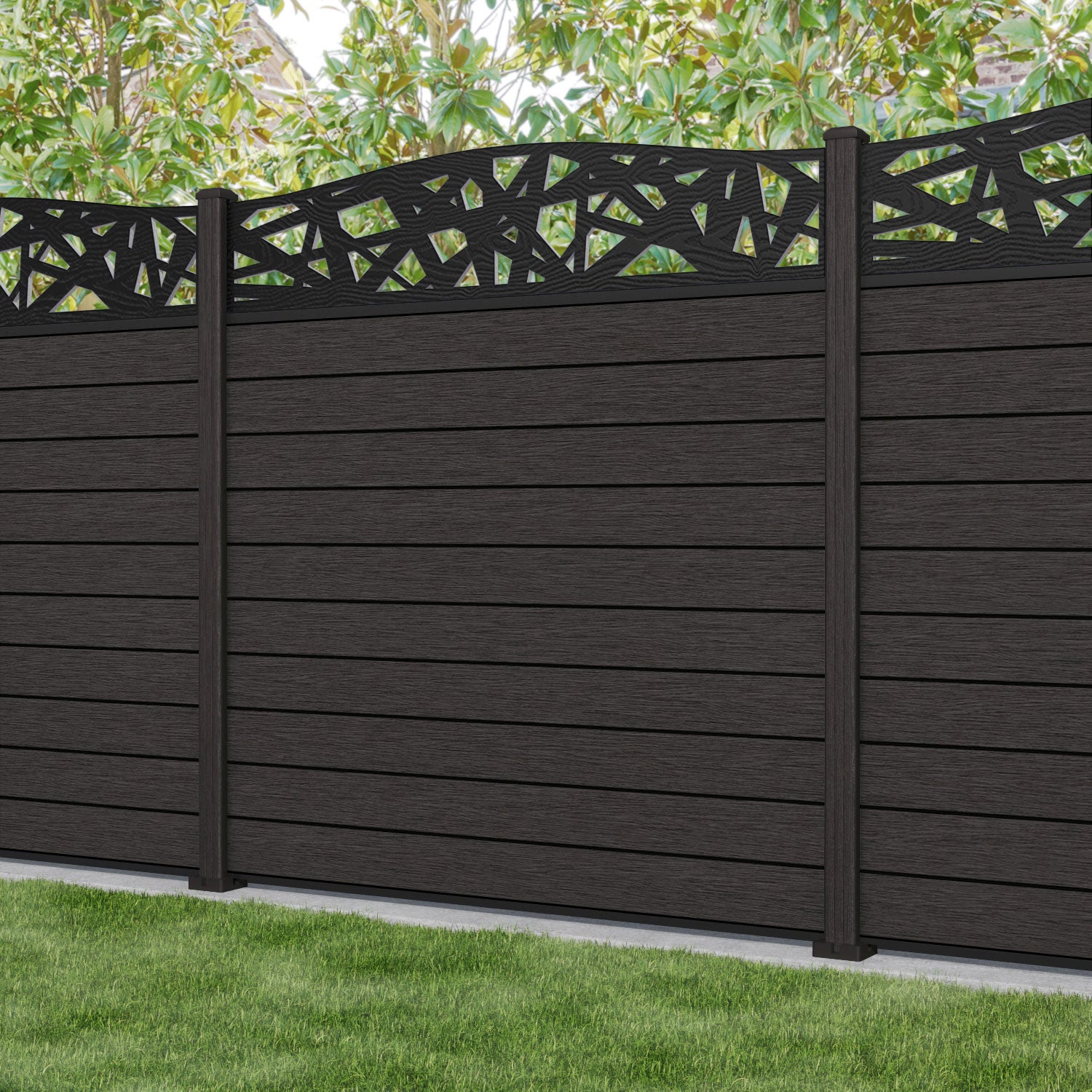 Fusion Prism Curved Top Fence Panel - Dark Oak - with our composite posts