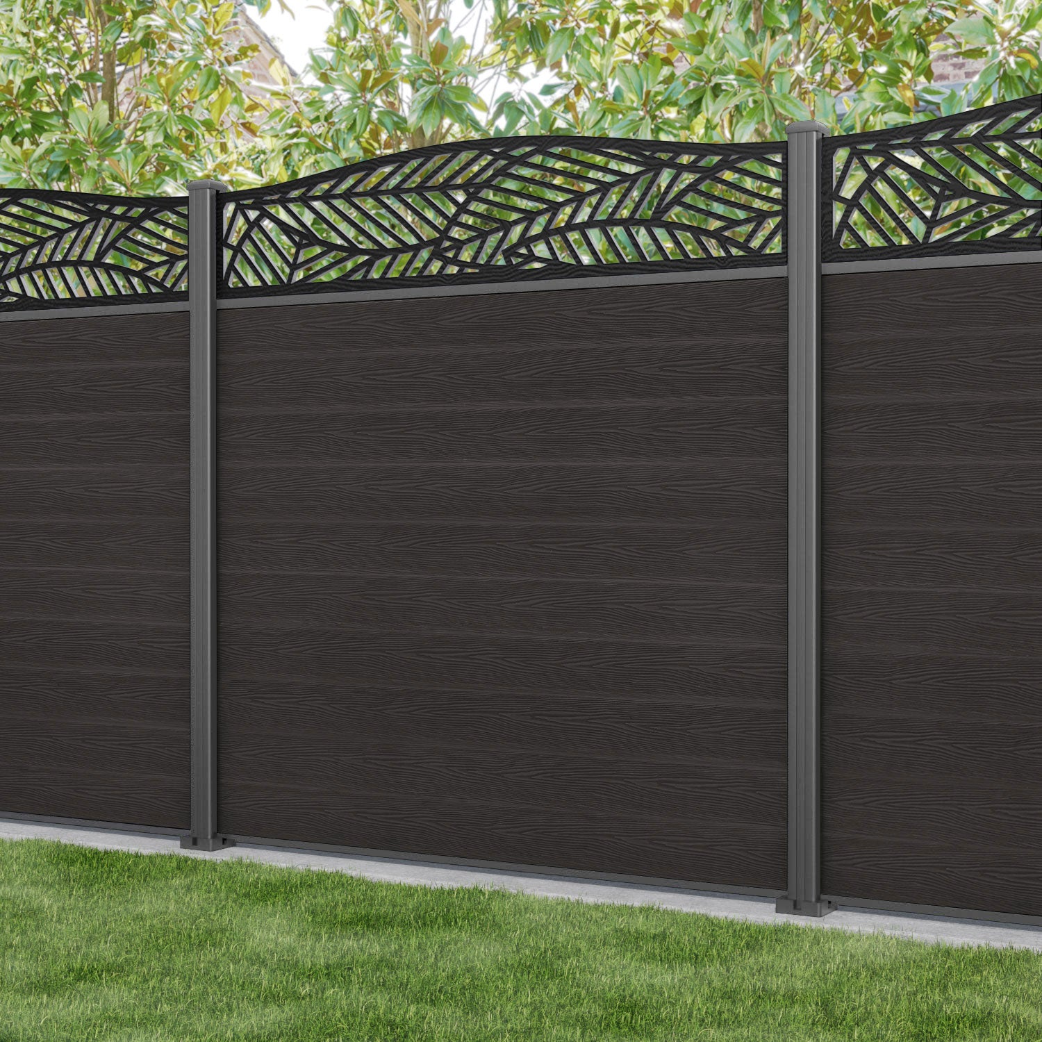Classic Habitat Curved Top Fence Panel - Dark Oak - with our aluminium posts