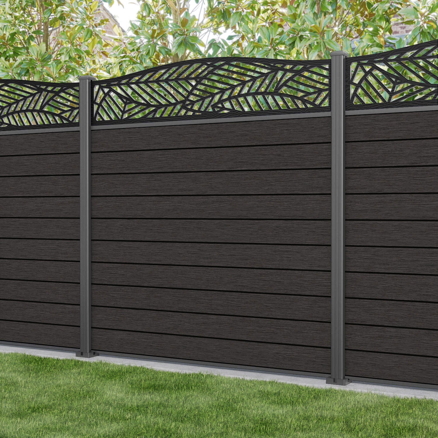 Fusion Habitat Curved Top Fence Panel - Dark Oak - with our aluminium posts