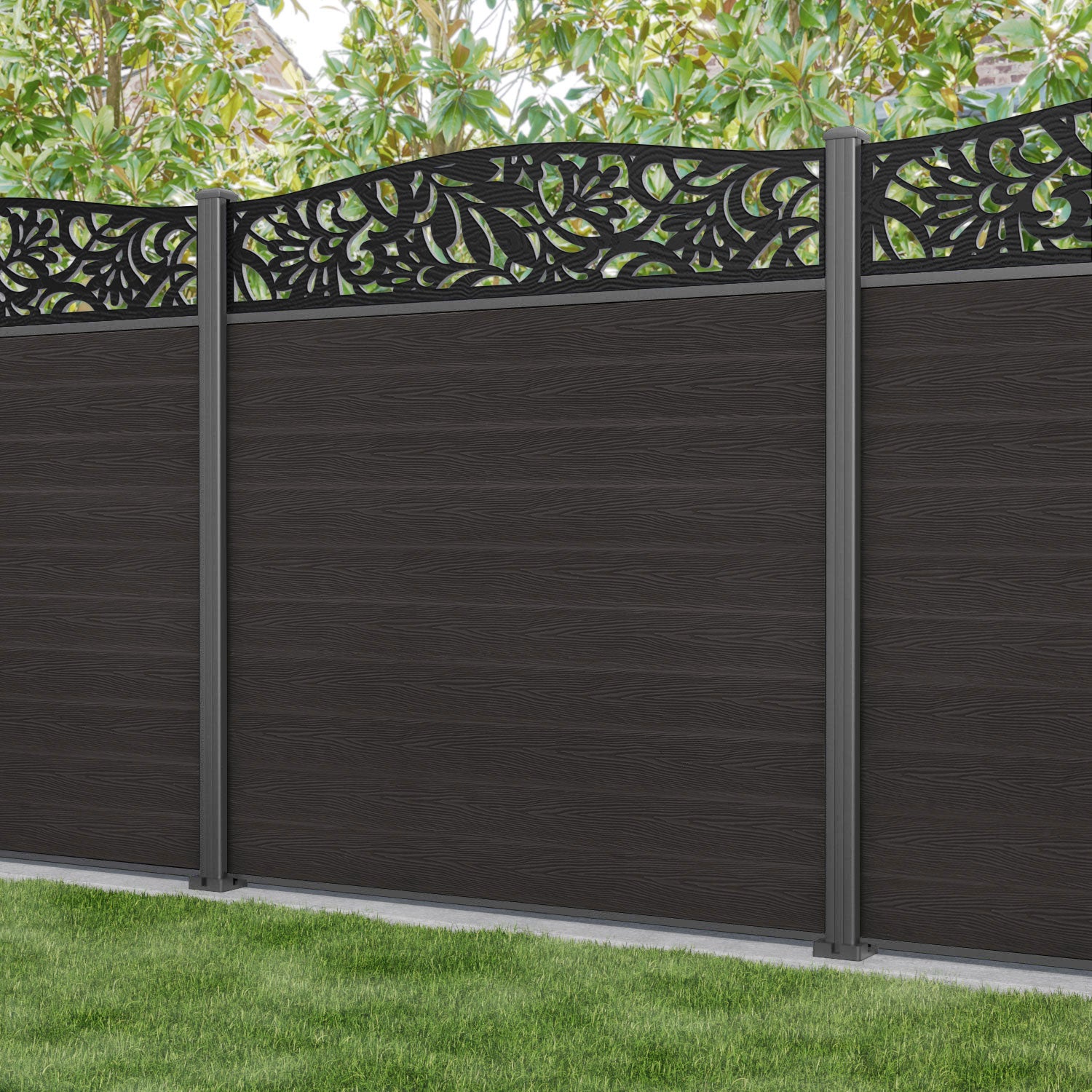 Classic Heritage Curved Top Fence Panel - Dark Oak - with our aluminium posts