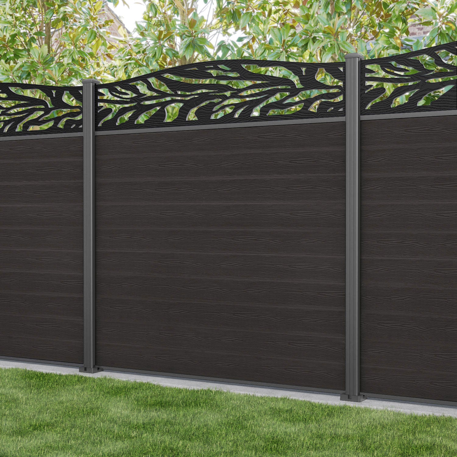 Classic Malawi Curved Top Fence Panel - Dark Oak - with our aluminium posts