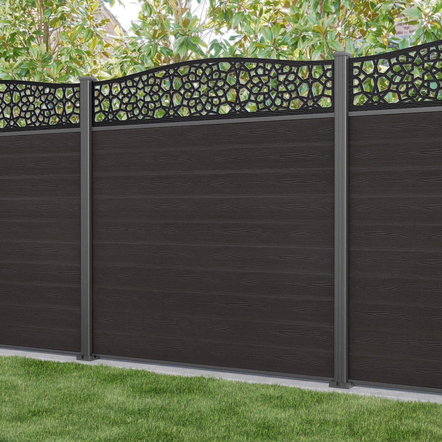 Classic Nazira Curved Top Fence Panel - Dark Oak - with our aluminium posts