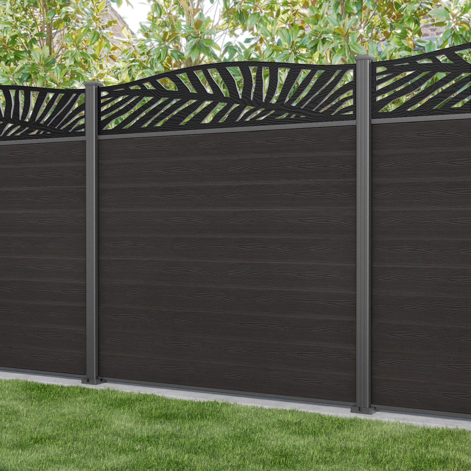 Classic Palm Curved Top Fence Panel - Dark Oak - with our aluminium posts