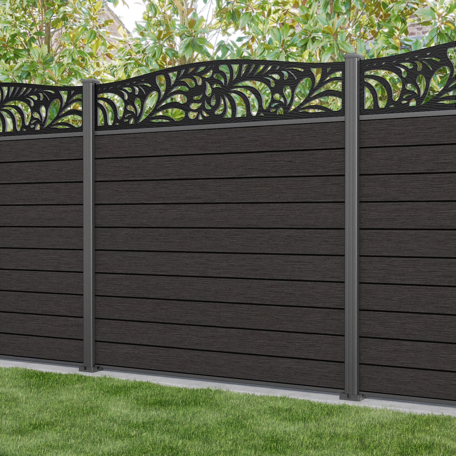 Fusion Pebble Curved Top Fence Panel - Dark Oak - with our aluminium posts