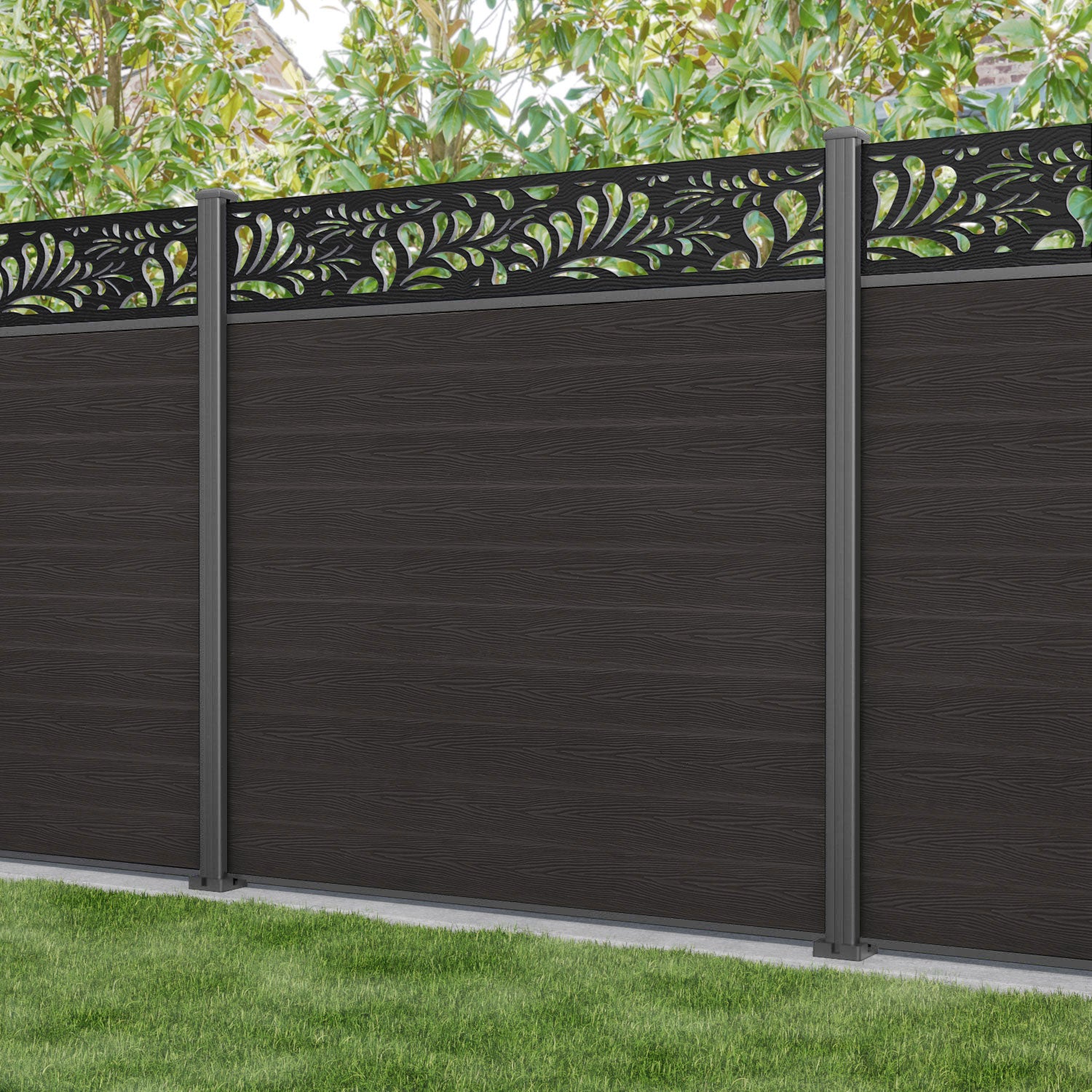 Classic Petal Fence Panel - Dark Oak - with our aluminium posts