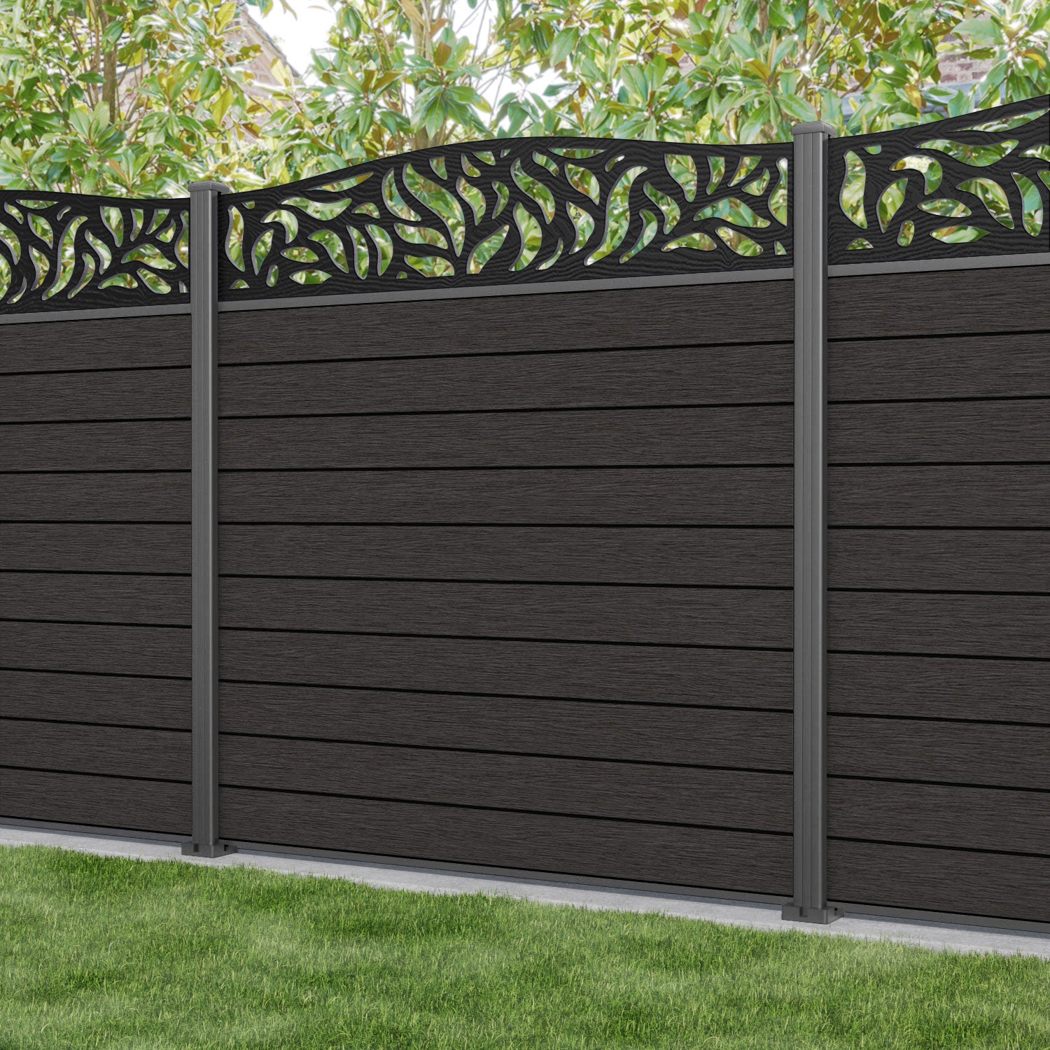 Fusion Plume Curved Top Fence Panel - Dark Oak - with our aluminium posts