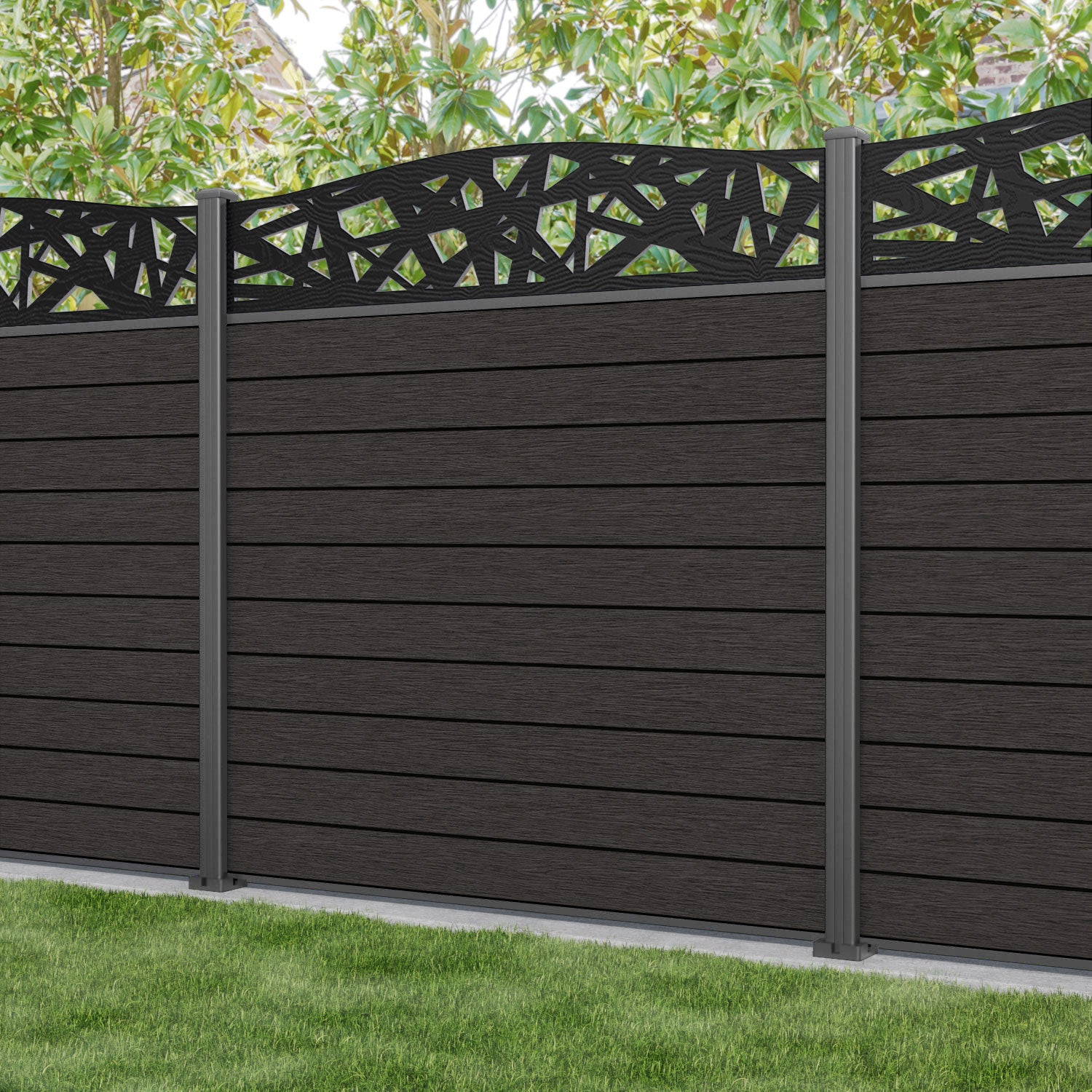 Fusion Prism Curved Top Fence Panel - Dark Oak - with our aluminium posts