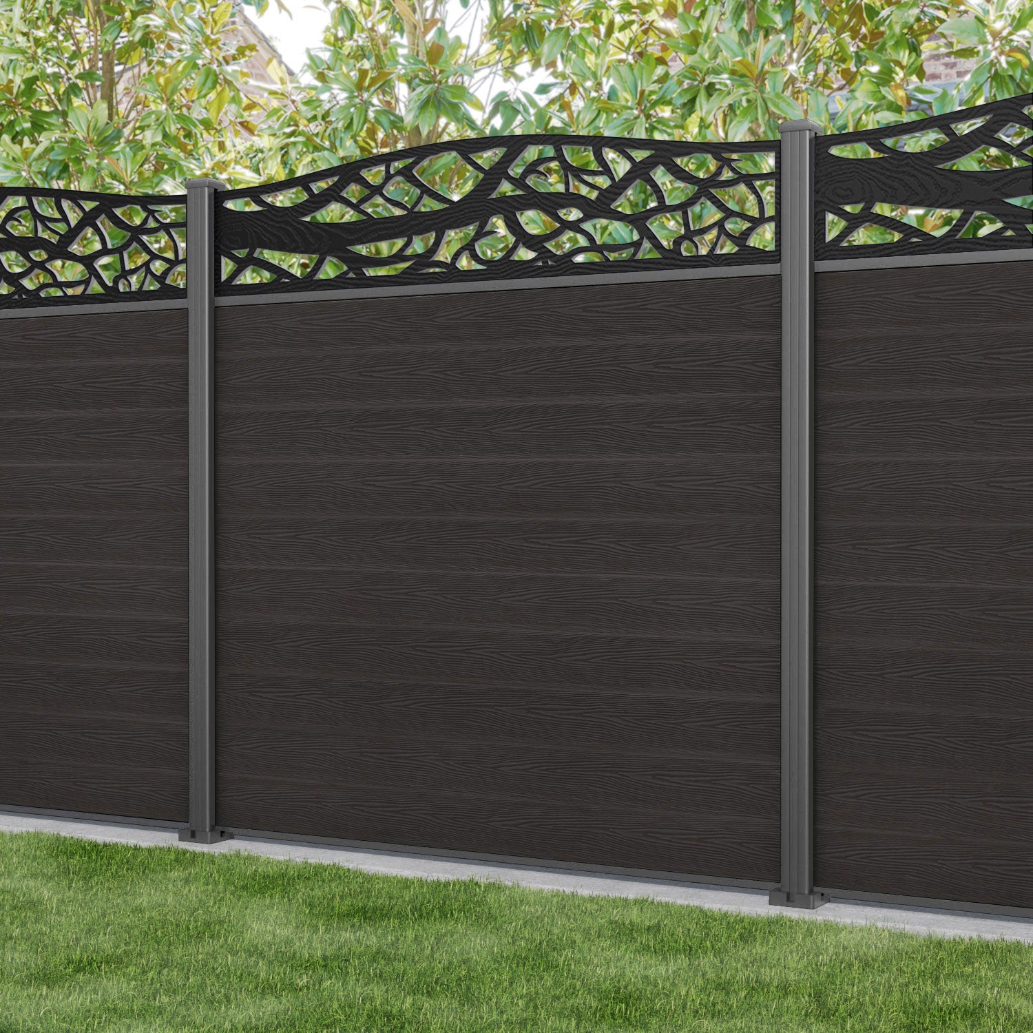 Classic Twilight Curved Top Fence Panel - Dark Oak - with our aluminium posts