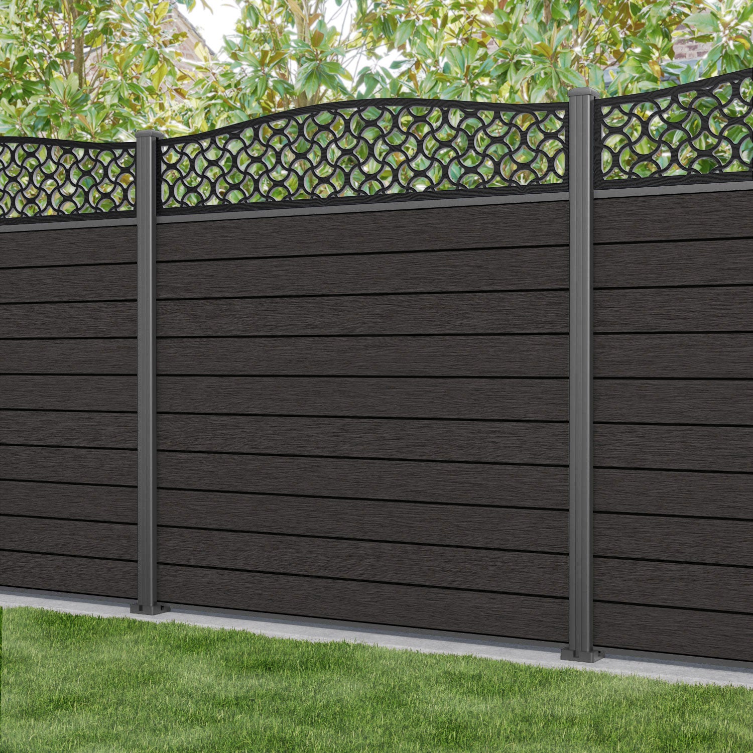 Fusion Vida Curved Top Fence Panel - Dark Oak - with our aluminium posts