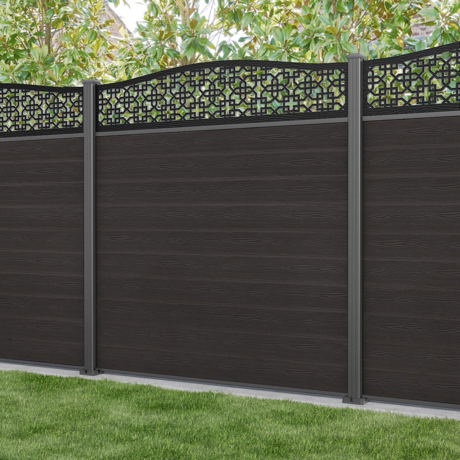 Classic Zaria Curved Top Fence Panel - Dark Oak - with our aluminium posts