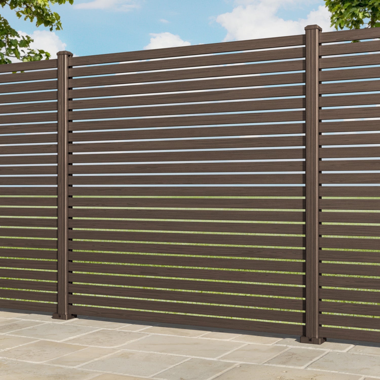 Aria Aluminium Fence Panel - Dark Oak - with our aluminium posts