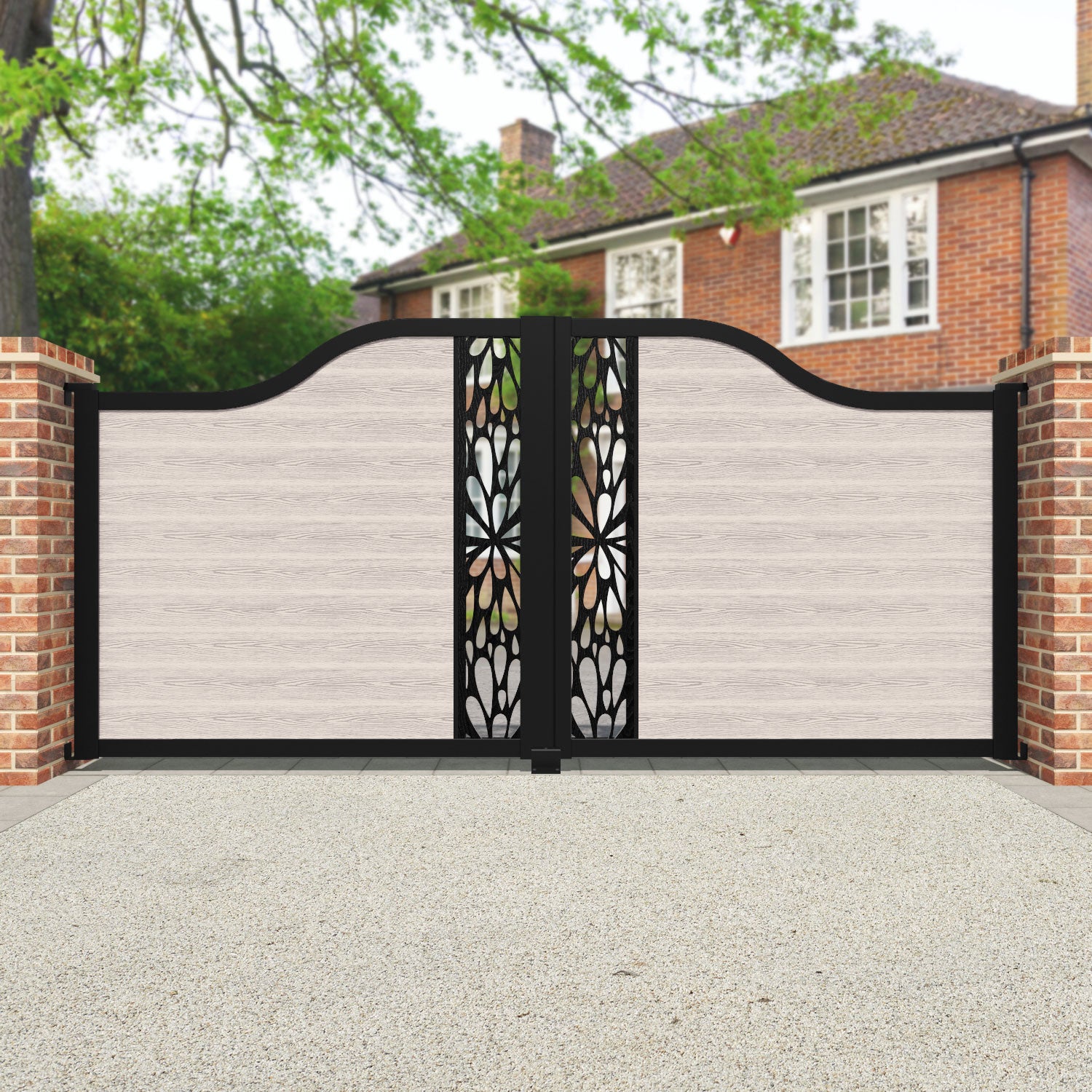 Classic Blossom Curved Top Driveway Gate - Mid Stone - Middle Screen