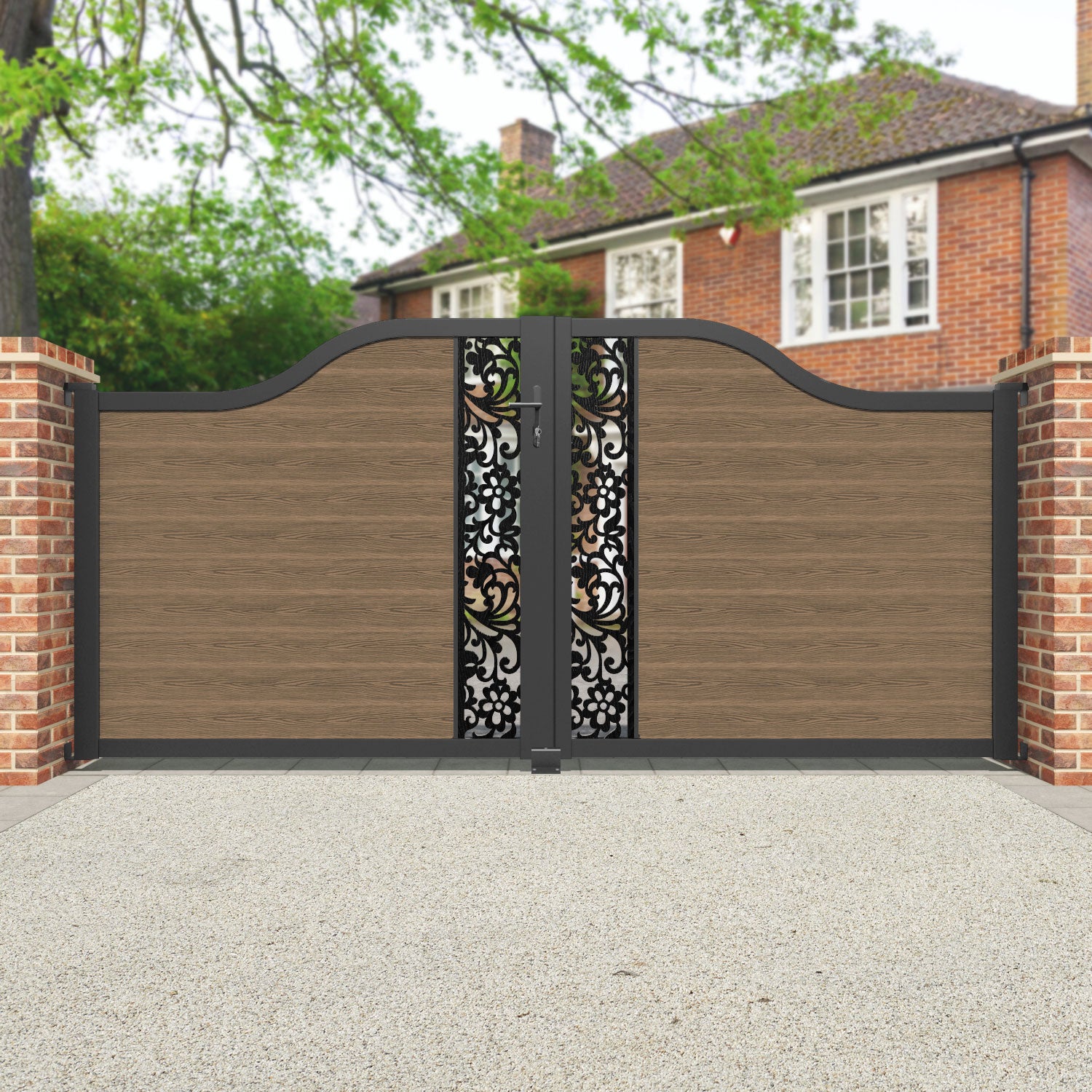 Classic Eden Curved Top Driveway Gate - Teak - Middle Screen