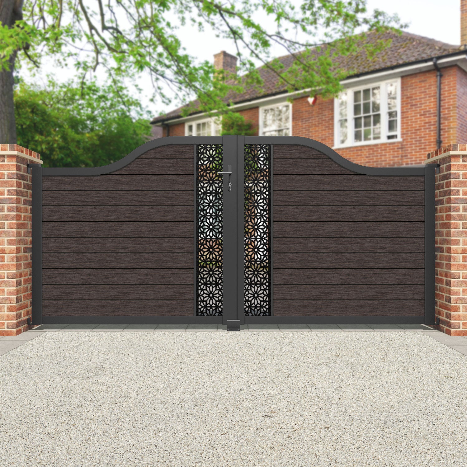 Fusion Narwa Curved Top Driveway Gate - Mid Brown - Middle Screen