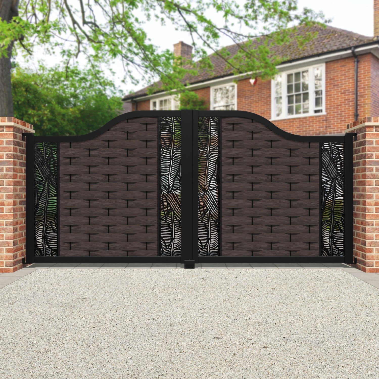 Ripple Feather Curved Top Driveway Gate Mid Brown Middle & End Scr