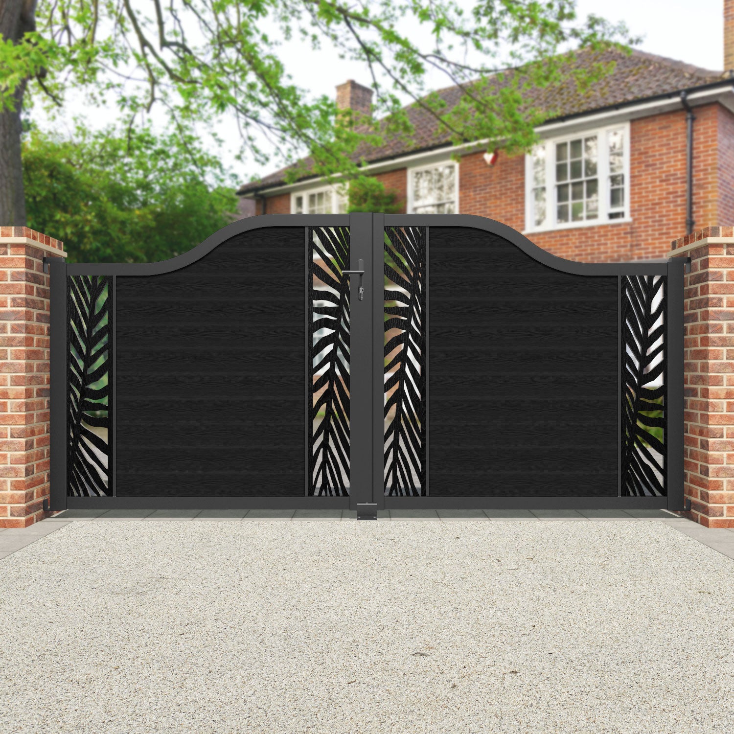 Classic Palm Curved Top Driveway Gate - Black - Middle & End Screen