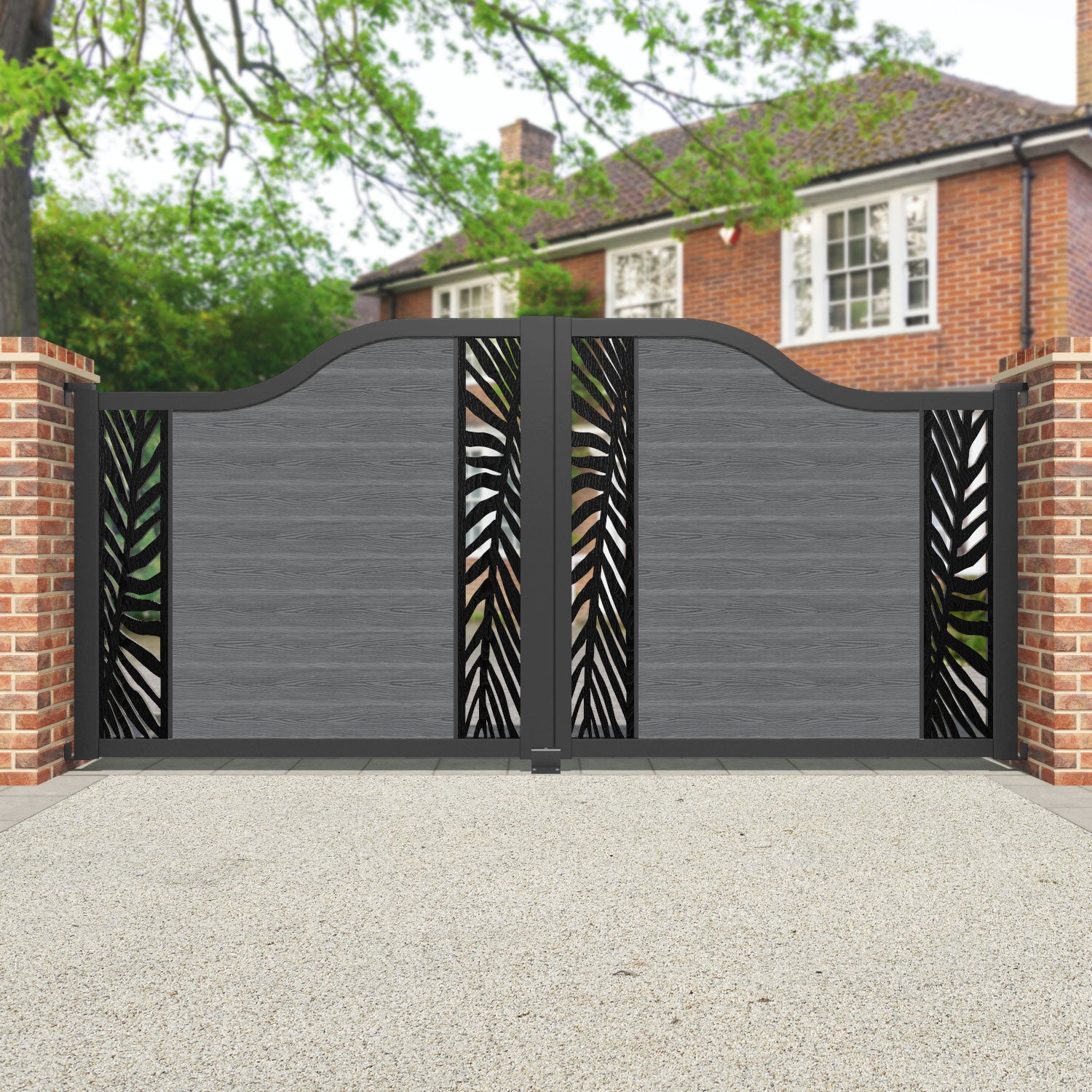 Classic Palm Curved Top Driveway Gate - Mid Grey - Middle & End Screen