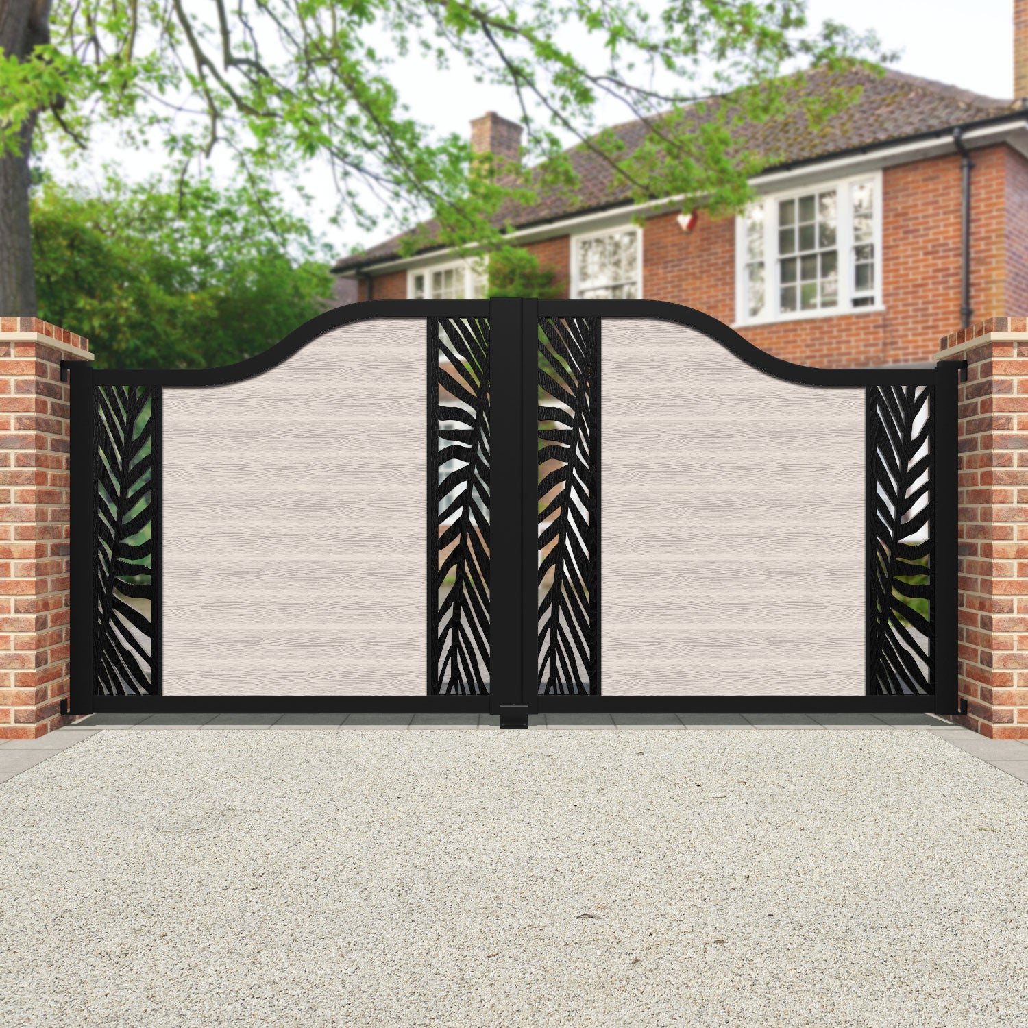 Classic Palm Curved Top Driveway Gate - Mid Stone - Middle & End Screen