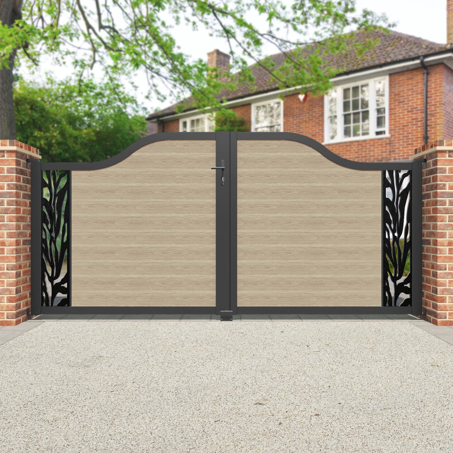 Classic Malawi Curved Top Driveway Gate - Light Oak - End Screen