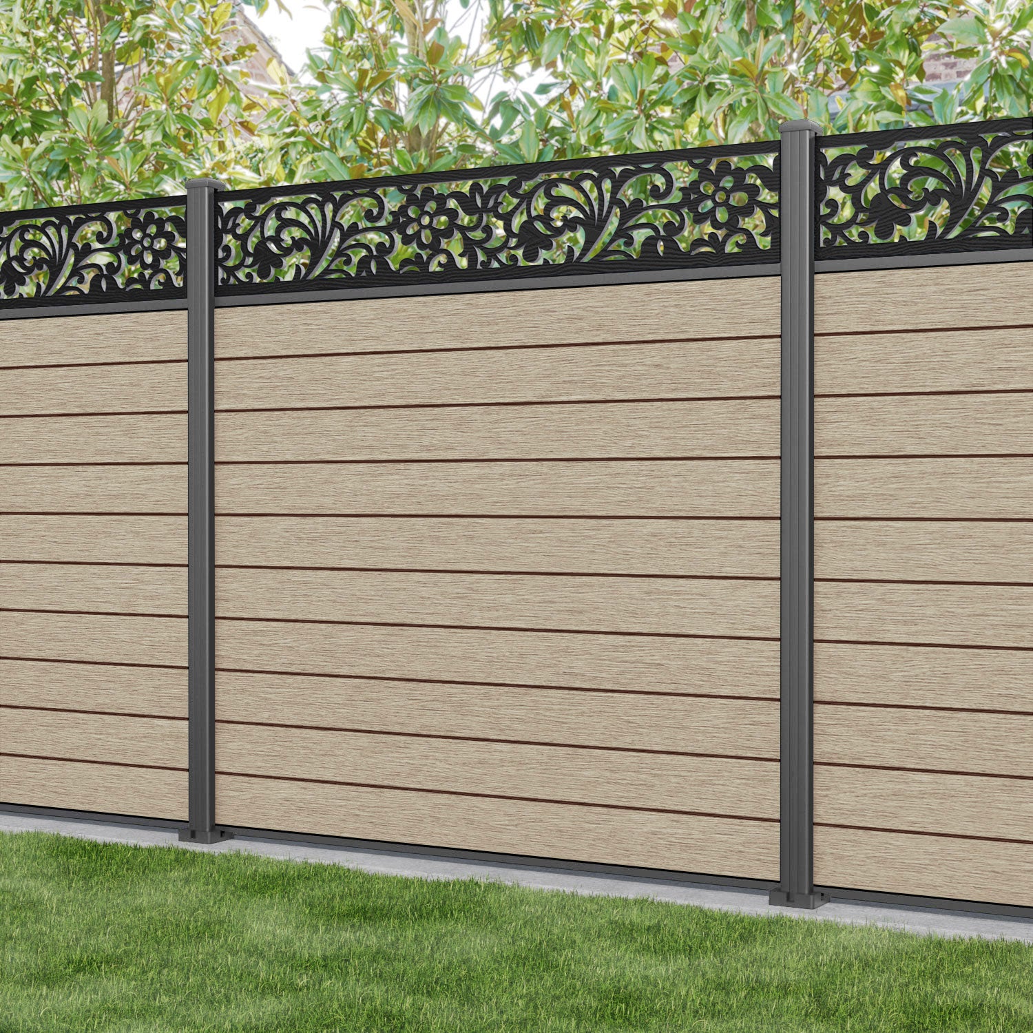 Fusion Eden Fence Panel - Light Oak - with our aluminium posts