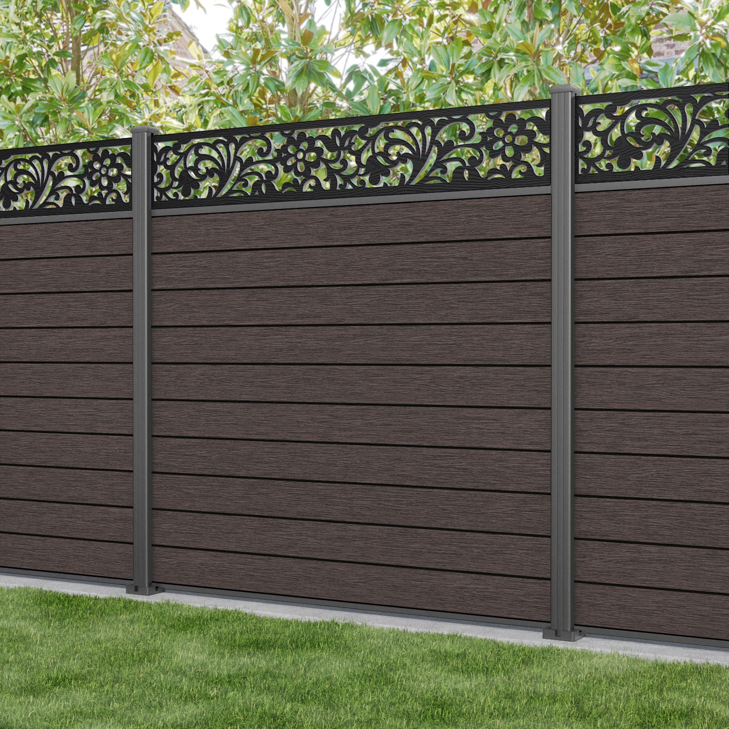 Fusion Eden Fence Panel - Mid Brown - with our aluminium posts