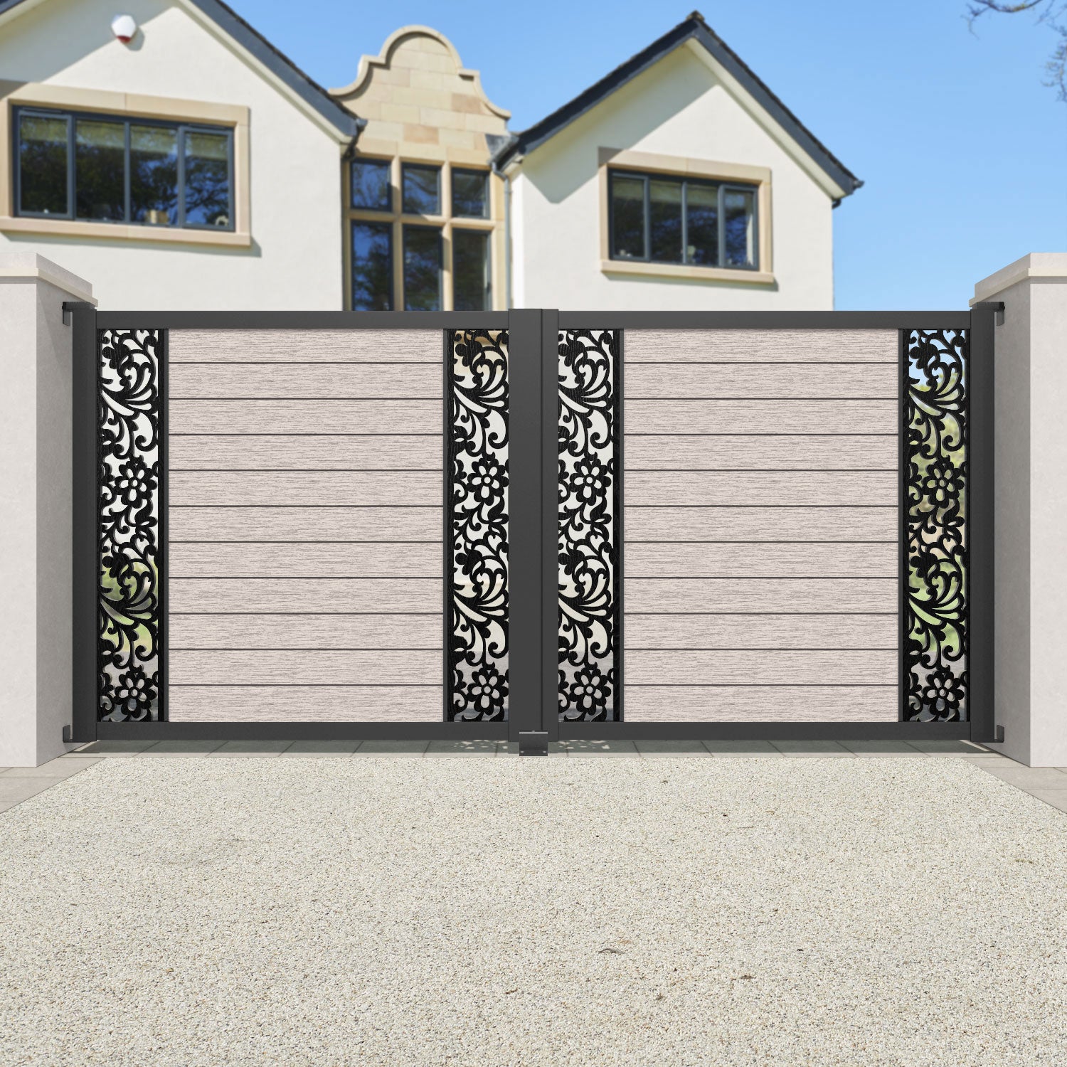 Fusion Eden Straight Top Driveway Gate - Mid Stone - Middle & End Screen