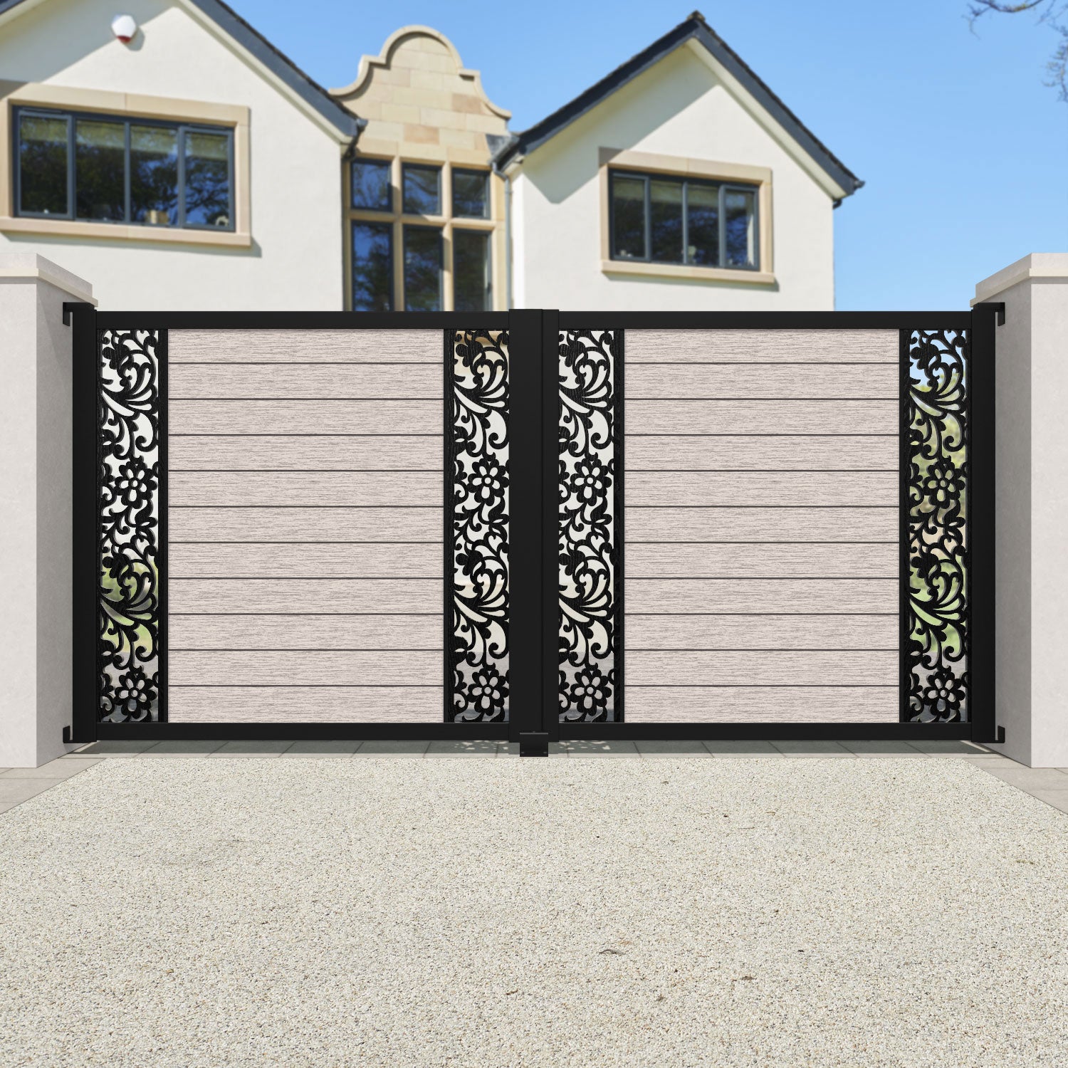Fusion Eden Straight Top Driveway Gate - Mid Stone - Middle & End Screen