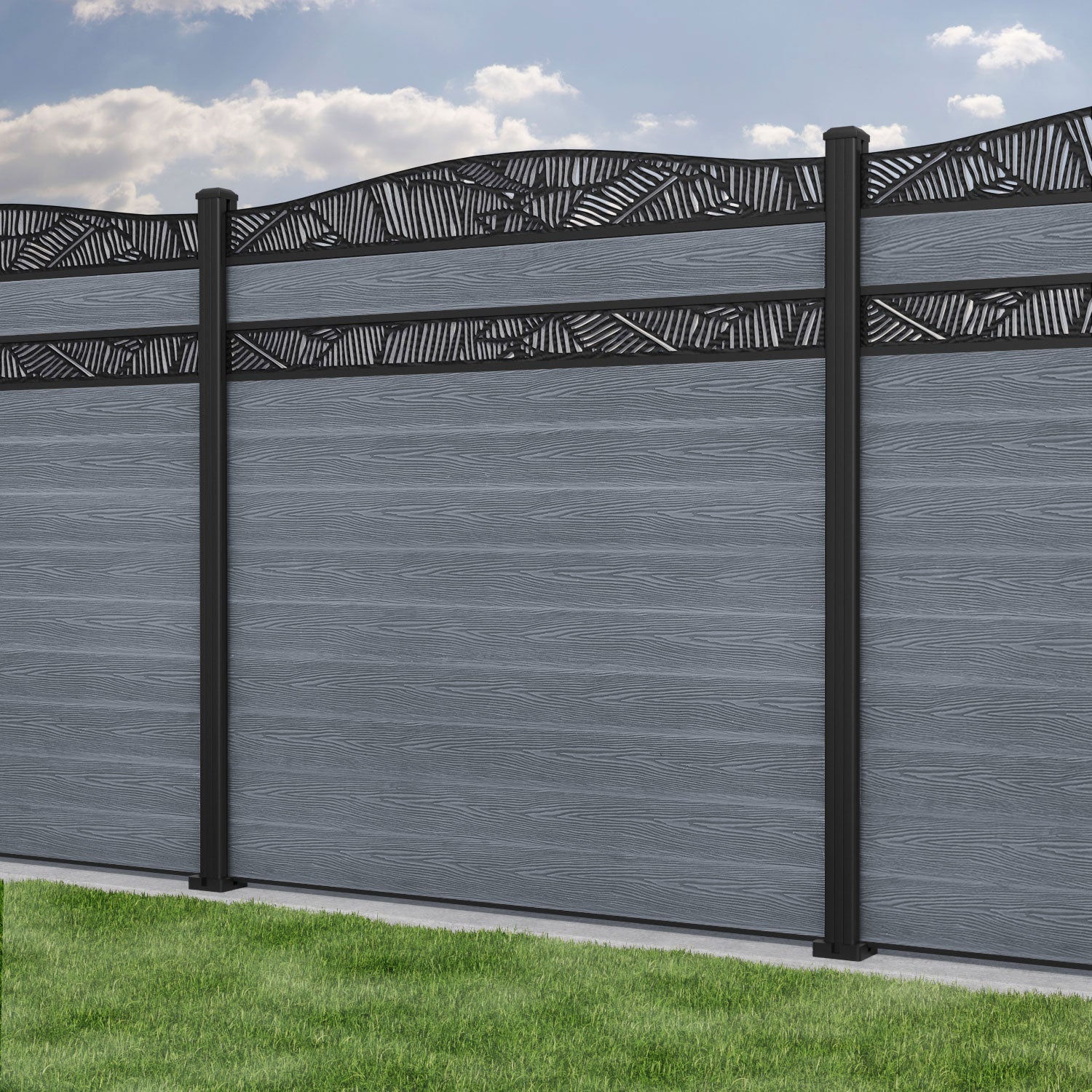 Classic Feather Curved Top Split Screen Fence Panel - Anthracite - with our aluminium posts