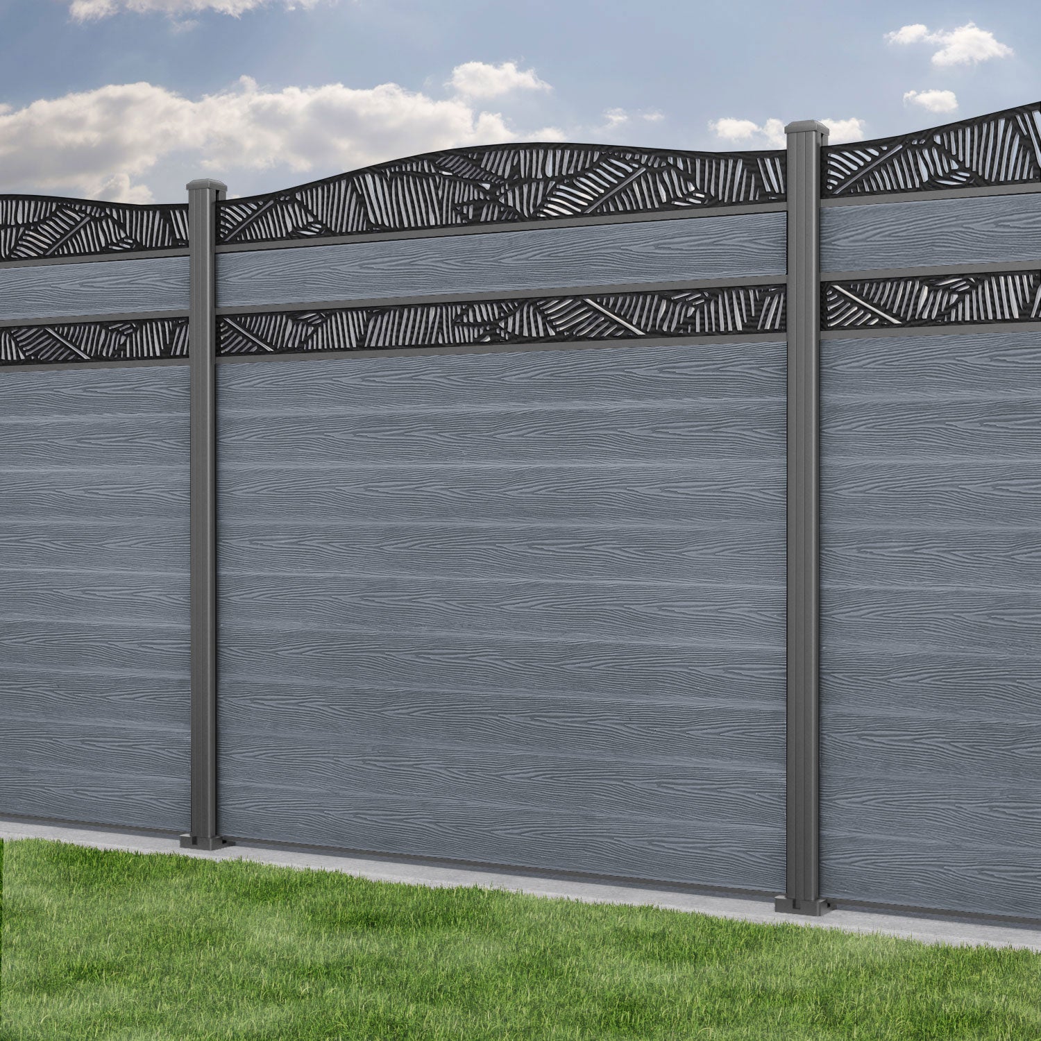 Classic Feather Curved Top Split Screen Fence Panel - Anthracite - with our aluminium posts