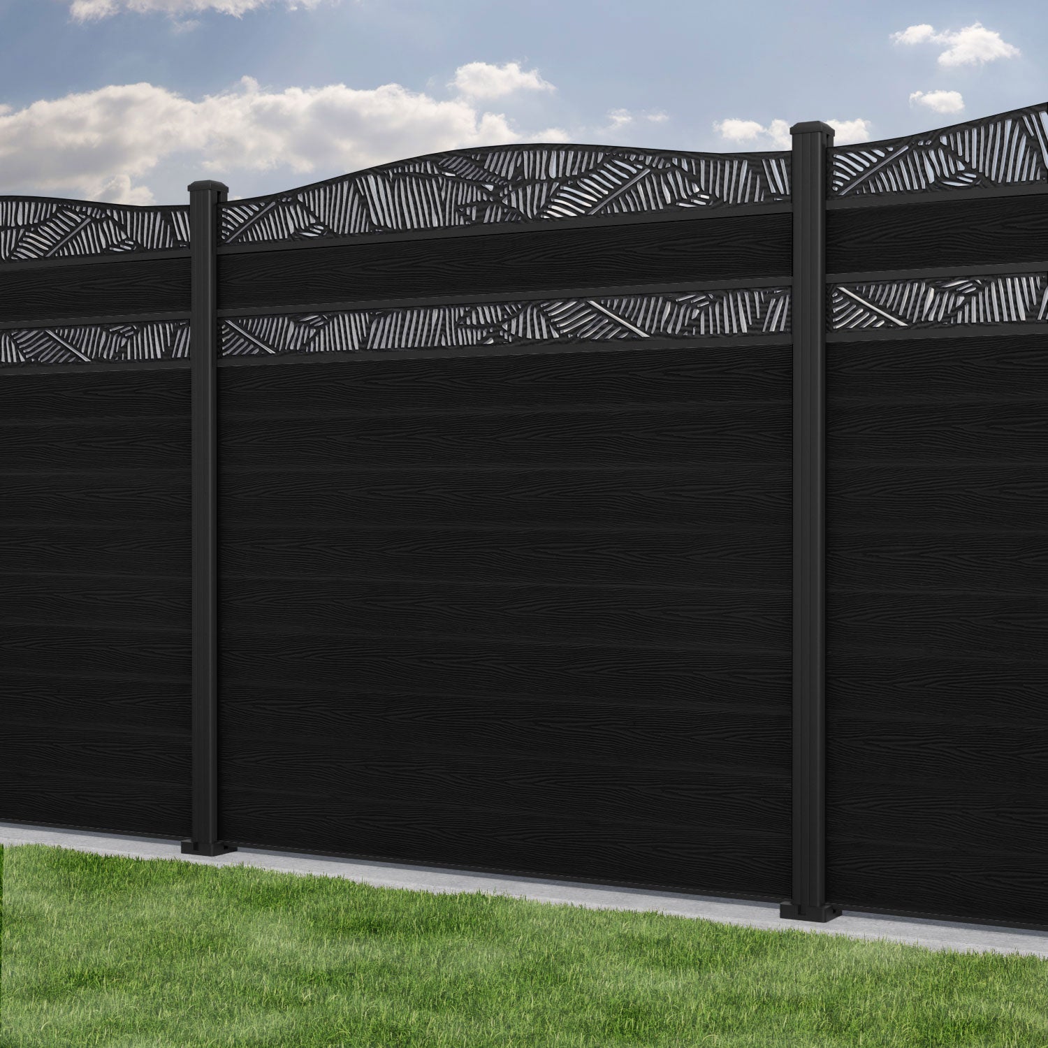 Classic Feather Curved Top Split Screen Fence Panel - Black - with our aluminium posts