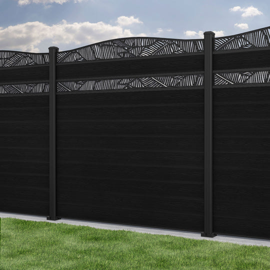 Classic Feather Curved Top Split Screen Fence Panel - Black - with our aluminium posts