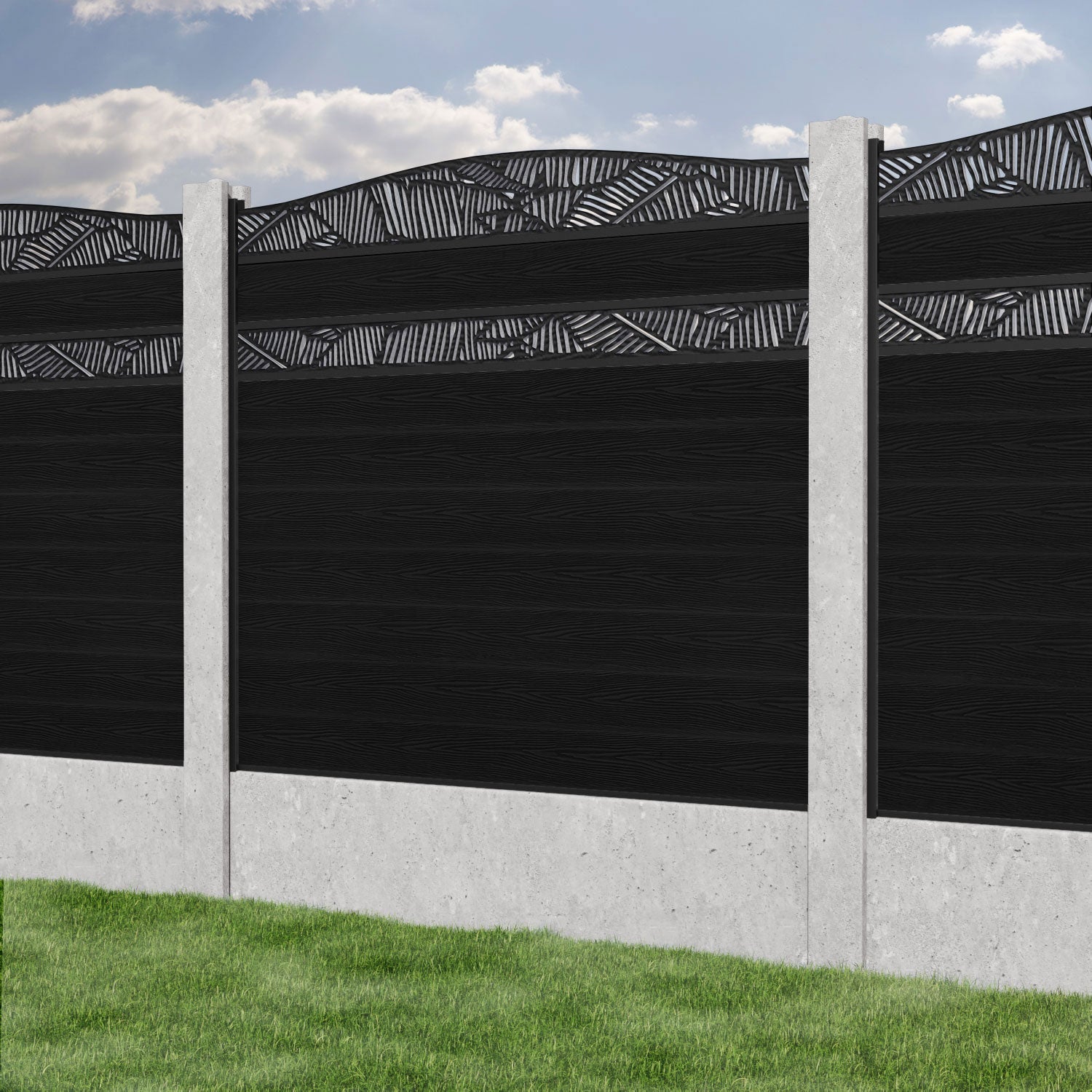 Classic Feather Curved Top Split Screen Fence Panel - Black - for existing concrete posts