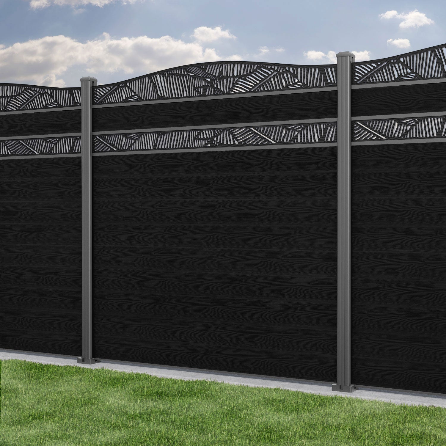 Classic Feather Curved Top Split Screen Fence Panel - Black - with our aluminium posts