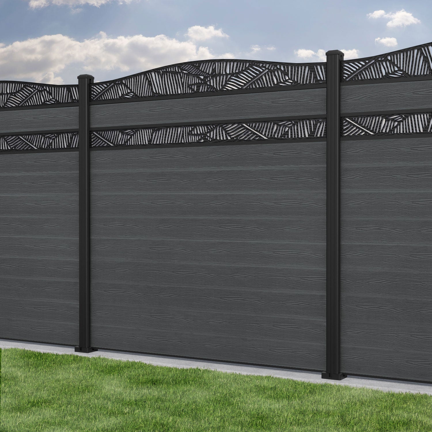 Classic Feather Curved Top Split Screen Fence Panel - Dark Grey - with our aluminium posts