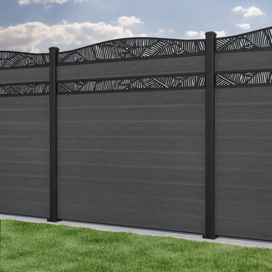 Classic Feather Curved Top Split Screen Fence Panel - Dark Grey - with our aluminium posts