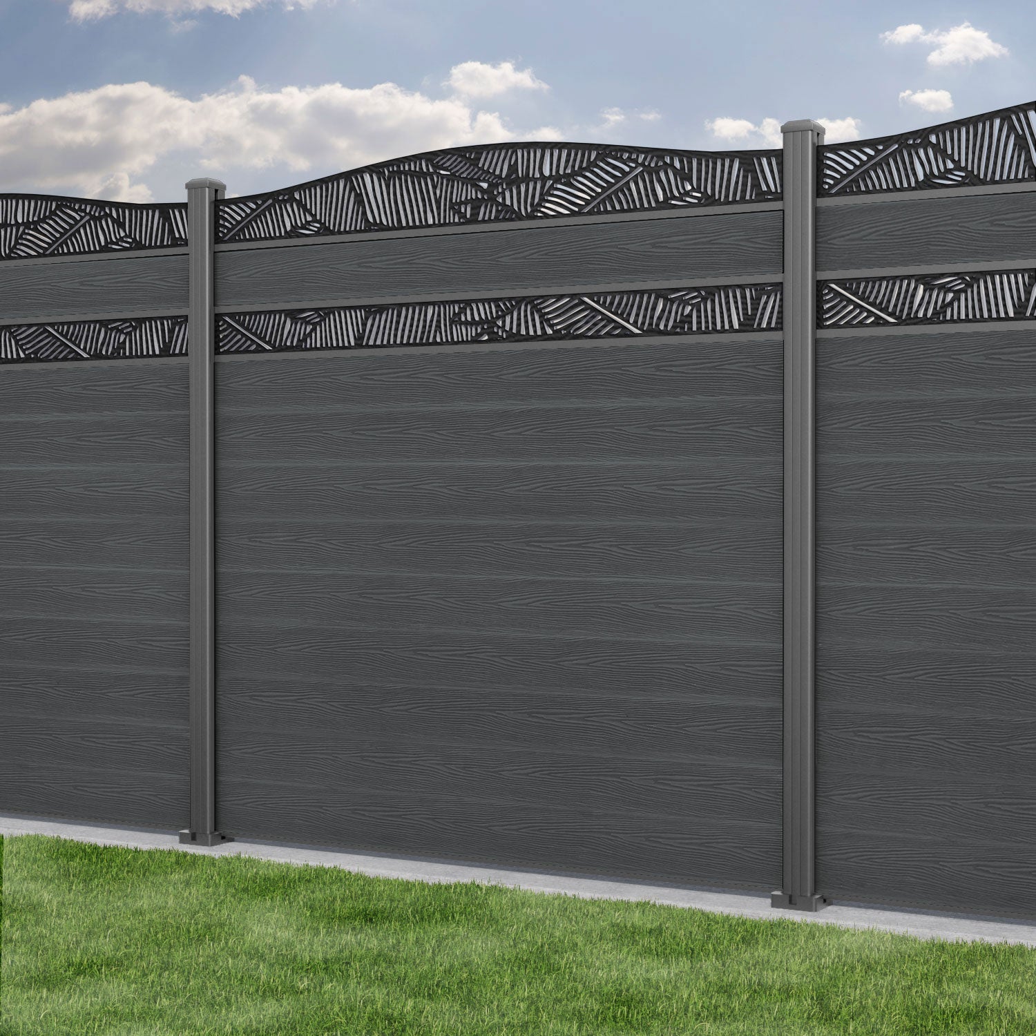 Classic Feather Curved Top Split Screen Fence Panel - Dark Grey - with our aluminium posts