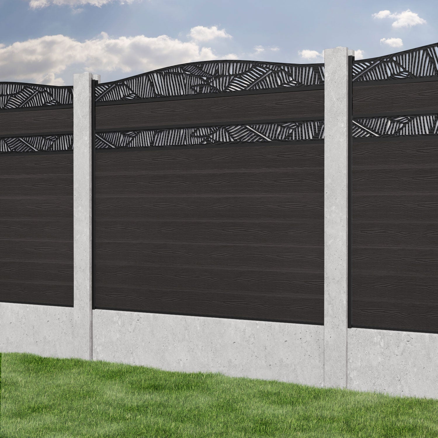 Classic Feather Curved Top Split Screen Fence Panel - Dark Oak - for existing concrete posts