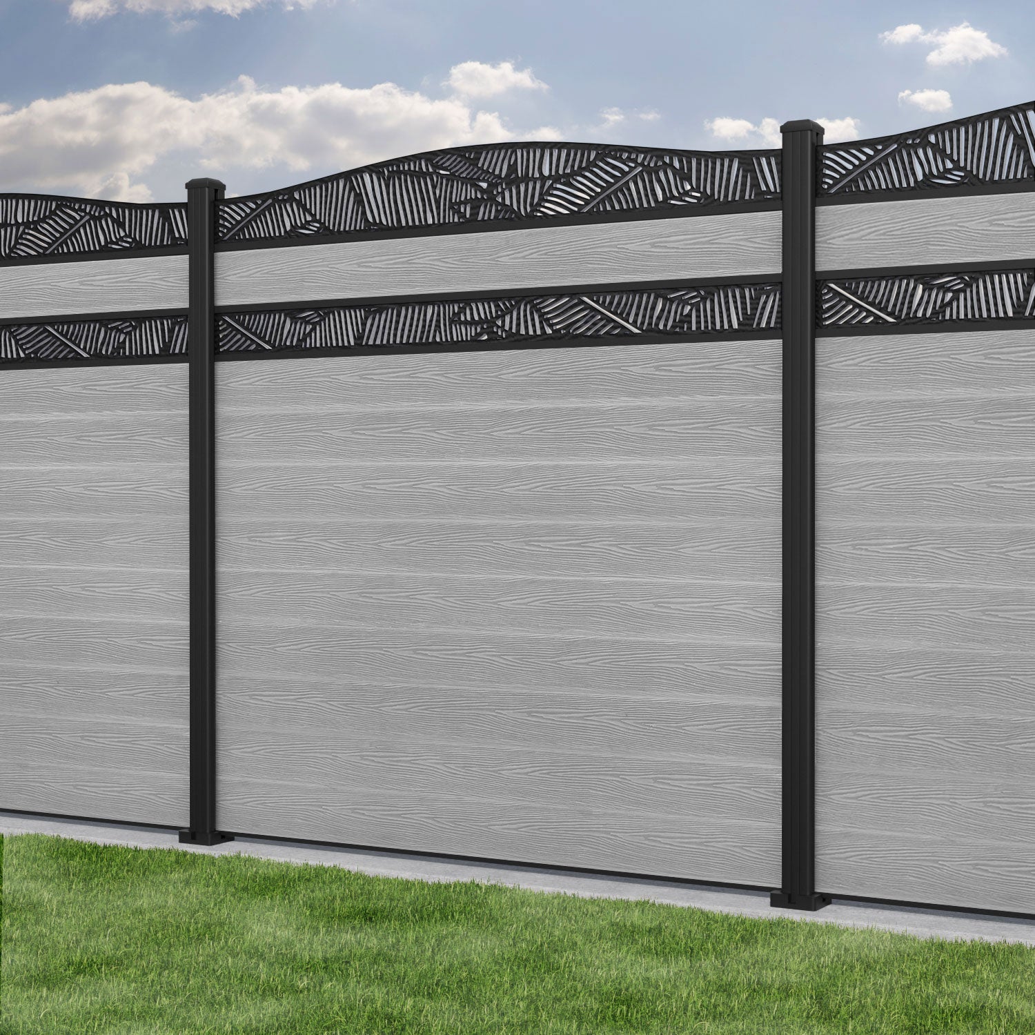 Classic Feather Curved Top Split Screen Fence Panel - Light Grey - with our aluminium posts