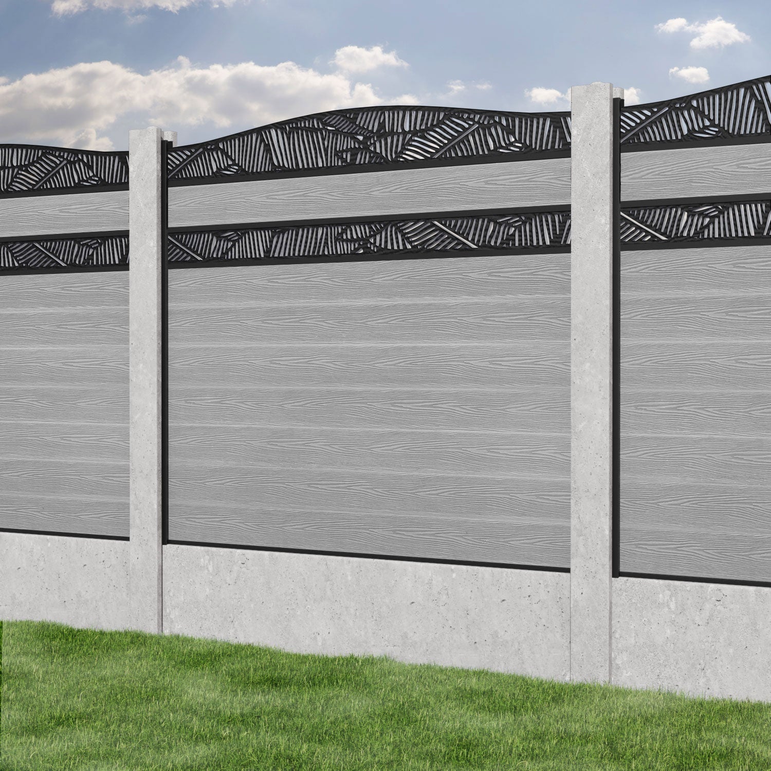 Classic Feather Curved Top Split Screen Fence Panel - Light Grey - for existing concrete posts