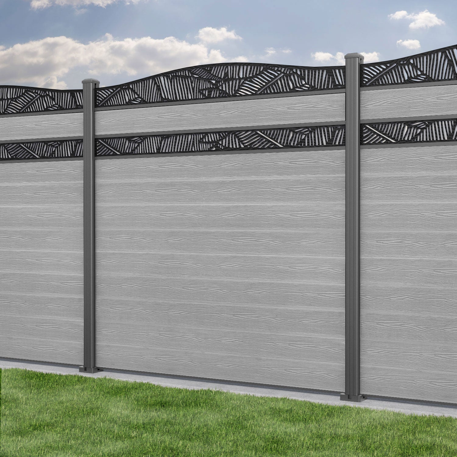Classic Feather Curved Top Split Screen Fence Panel - Light Grey - with our aluminium posts