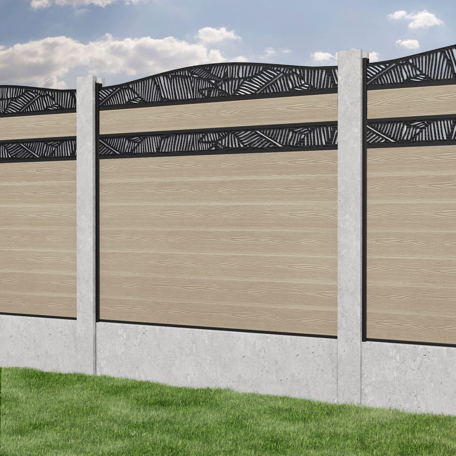 Classic Feather Curved Top Split Screen Fence Panel - Light Oak - for existing concrete posts