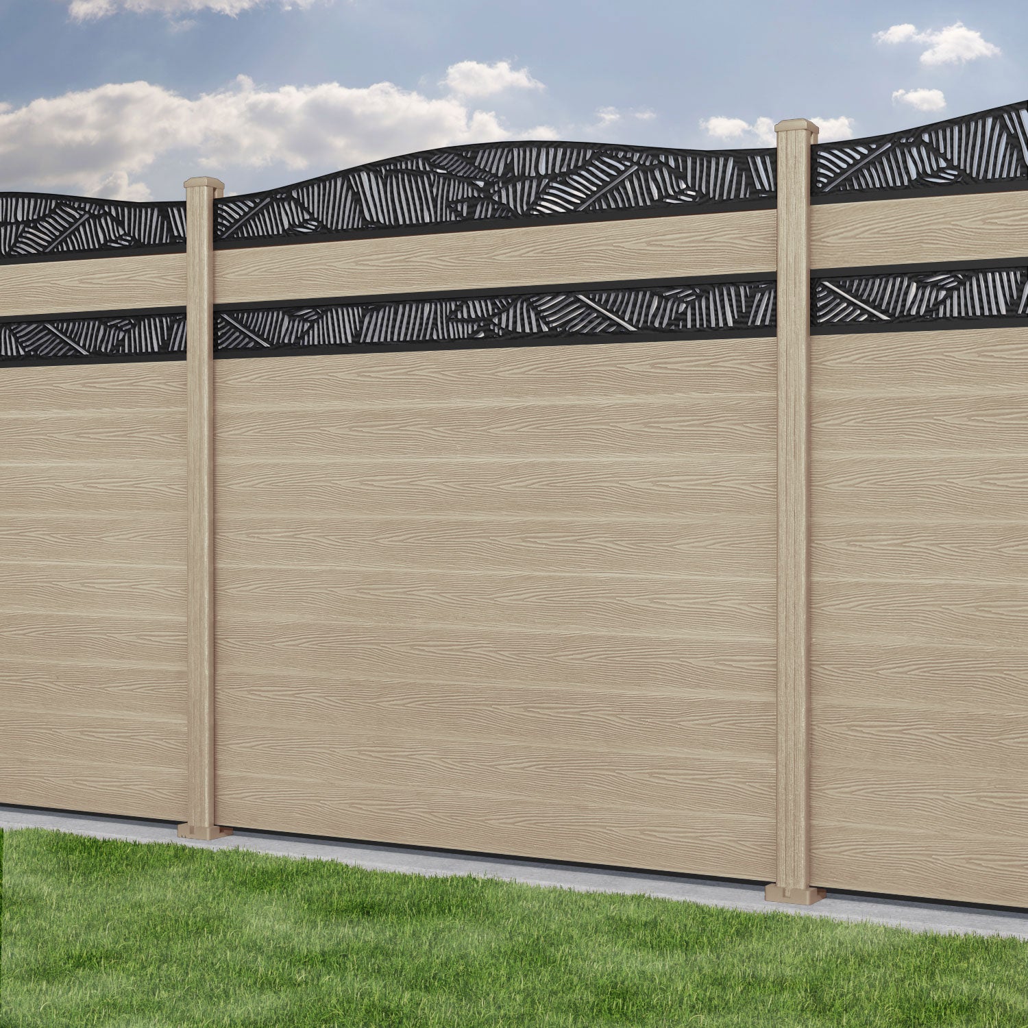 Classic Feather Curved Top Split Screen Fence Panel - Light Oak - with our composite posts
